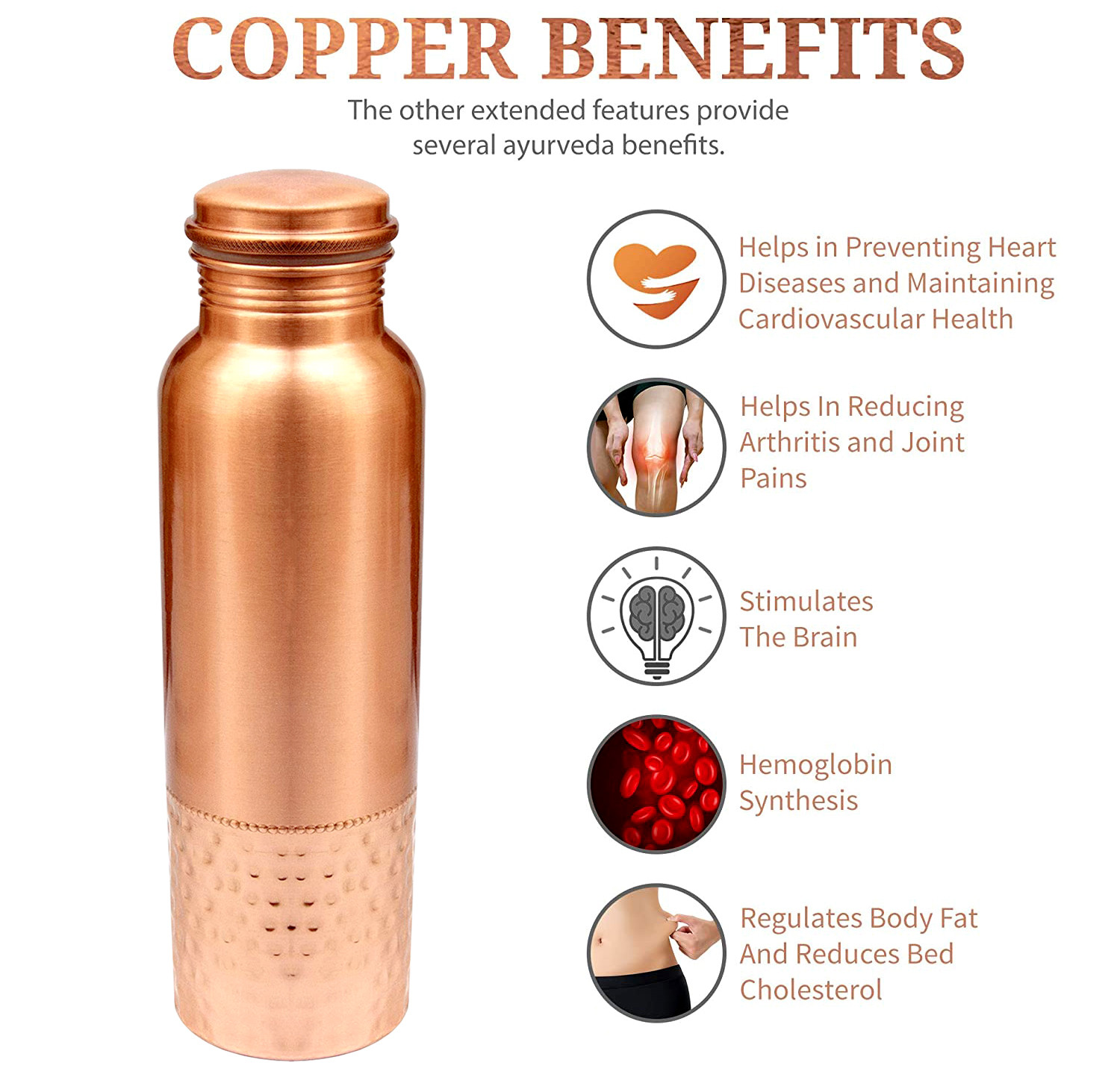 Kuber Industries Copper Round Hammered Design Water Bottle For Home & Traveling 1 Ltr. (Copper) 54KM4307