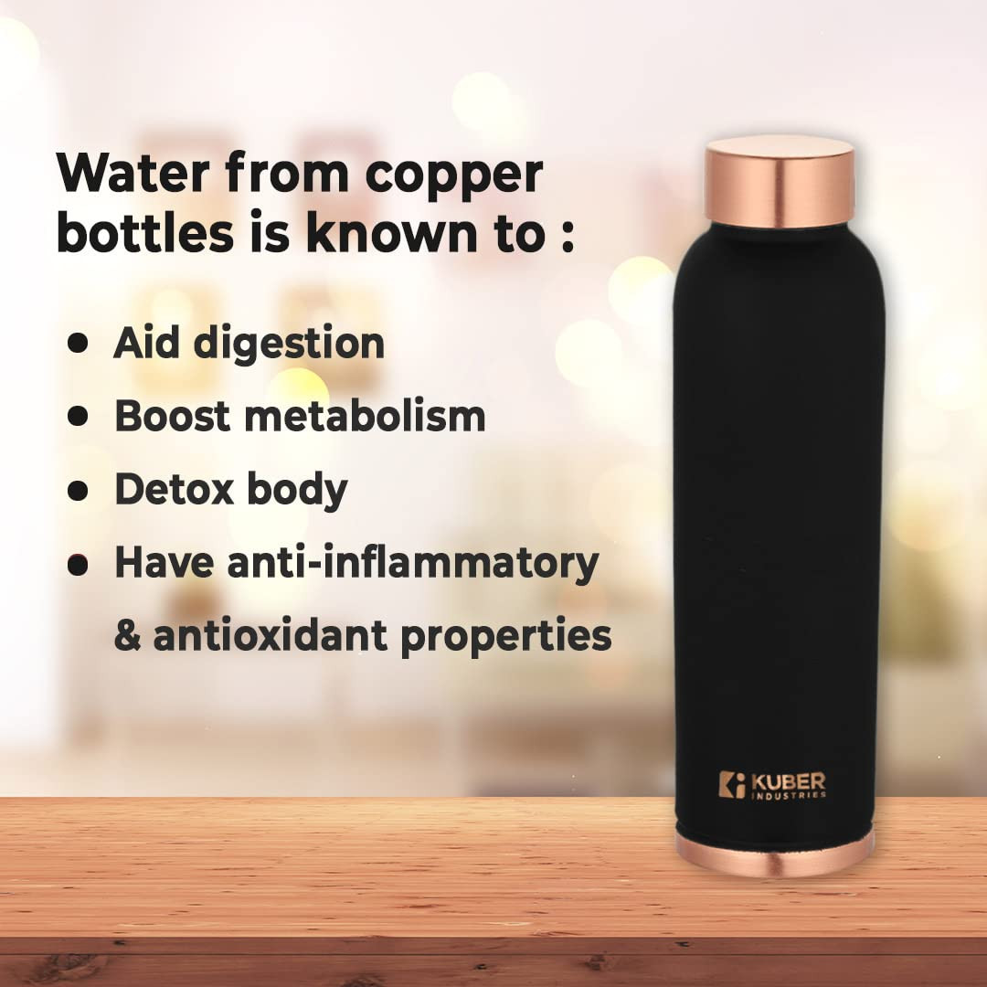 Kuber Industries Copper Water Bottle | BPA Free, Non Toxic | Leakproof, Durable & Lightweight | With Added Health Benefits of Copper | Ergonomic Design & Easy to Clean | Black | 950 ML (Pack of 1)