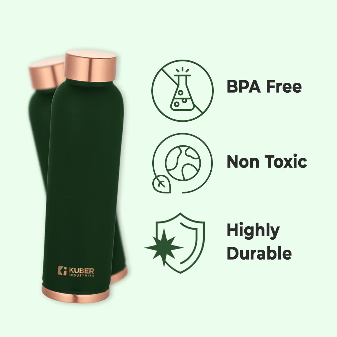 Kuber Industries Copper Water Bottle | BPA Free, Non Toxic | Leakproof, Durable & Lightweight | With Added Health Benefits of Copper | Ergonomic Design & Easy to Clean | Green | 950 ML (Pack of 1)
