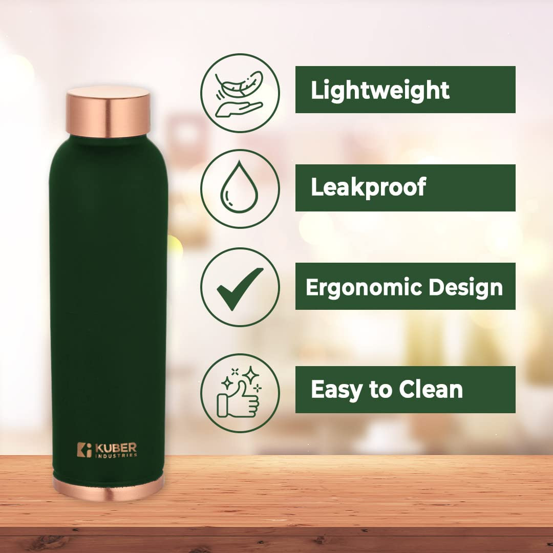 Kuber Industries Copper Water Bottle | BPA Free, Non Toxic | Leakproof, Durable & Lightweight | With Added Health Benefits of Copper | Ergonomic Design & Easy to Clean | Green | 950 ML (Pack of 1)