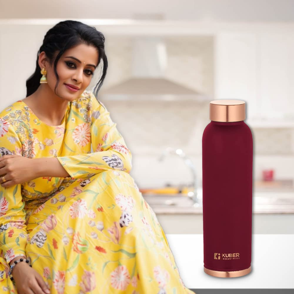 Kuber Industries Copper Water Bottle | BPA Free, Non Toxic | Leakproof, Durable & Lightweight | With Added Health Benefits of Copper | Ergonomic Design & Easy to Clean | Maroon | 950 ML (Pack of 1)