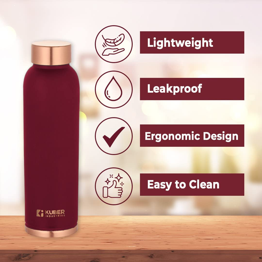 Kuber Industries Copper Water Bottle | BPA Free, Non Toxic | Leakproof, Durable & Lightweight | With Added Health Benefits of Copper | Ergonomic Design & Easy to Clean | Maroon | 950 ML (Pack of 1)