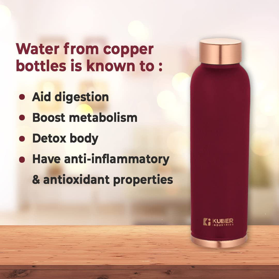 Kuber Industries Copper Water Bottle | BPA Free, Non Toxic | Leakproof, Durable & Lightweight | With Added Health Benefits of Copper | Ergonomic Design & Easy to Clean | Maroon | 950 ML (Pack of 1)