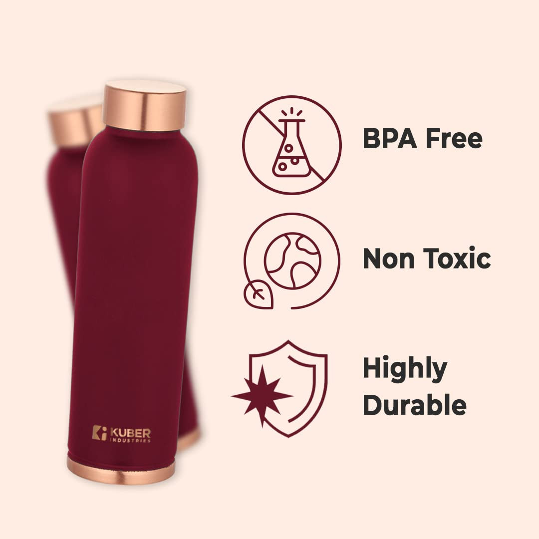 Kuber Industries Copper Water Bottle | BPA Free, Non Toxic | Leakproof, Durable & Lightweight | With Added Health Benefits of Copper | Ergonomic Design & Easy to Clean | Maroon | 950 ML (Pack of 1)