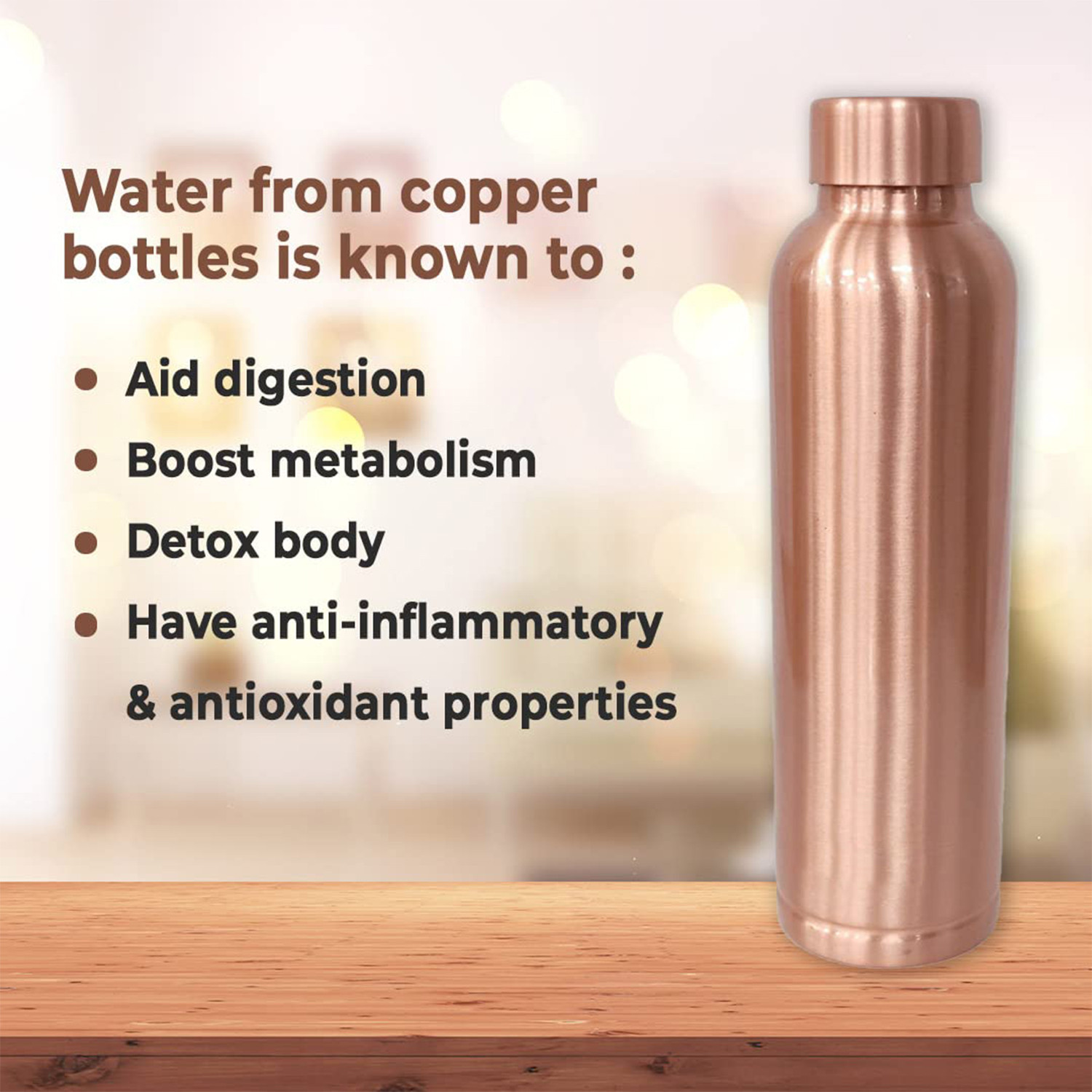 Kuber Industries Copper Water Bottle 950 ml | 100% Pure Copper Water Bottle I Leak Proof, Rust Proof I Copper Bottle For Home, School & Office (Pack of 1)