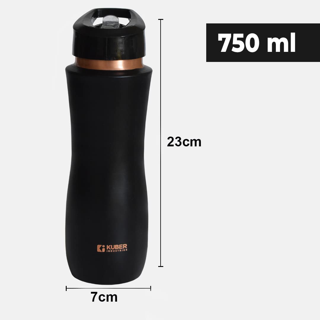 Kuber Industries Copper Water Bottle with Sipper | BPA Free & Non-Toxic | Leakproof, Durable & Lightweight | With Added Health Benefits of Copper | Ergonomic Design & Easy to Clean | Black | 750 ML
