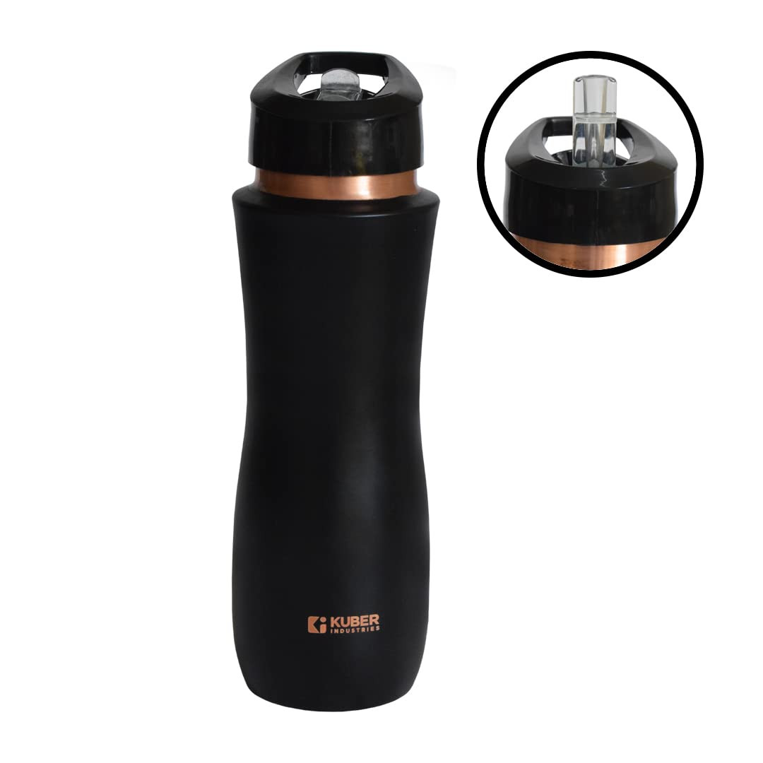 Kuber Industries Copper Water Bottle with Sipper | BPA Free & Non-Toxic | Leakproof, Durable & Lightweight | With Added Health Benefits of Copper | Ergonomic Design & Easy to Clean | Black | 750 ML