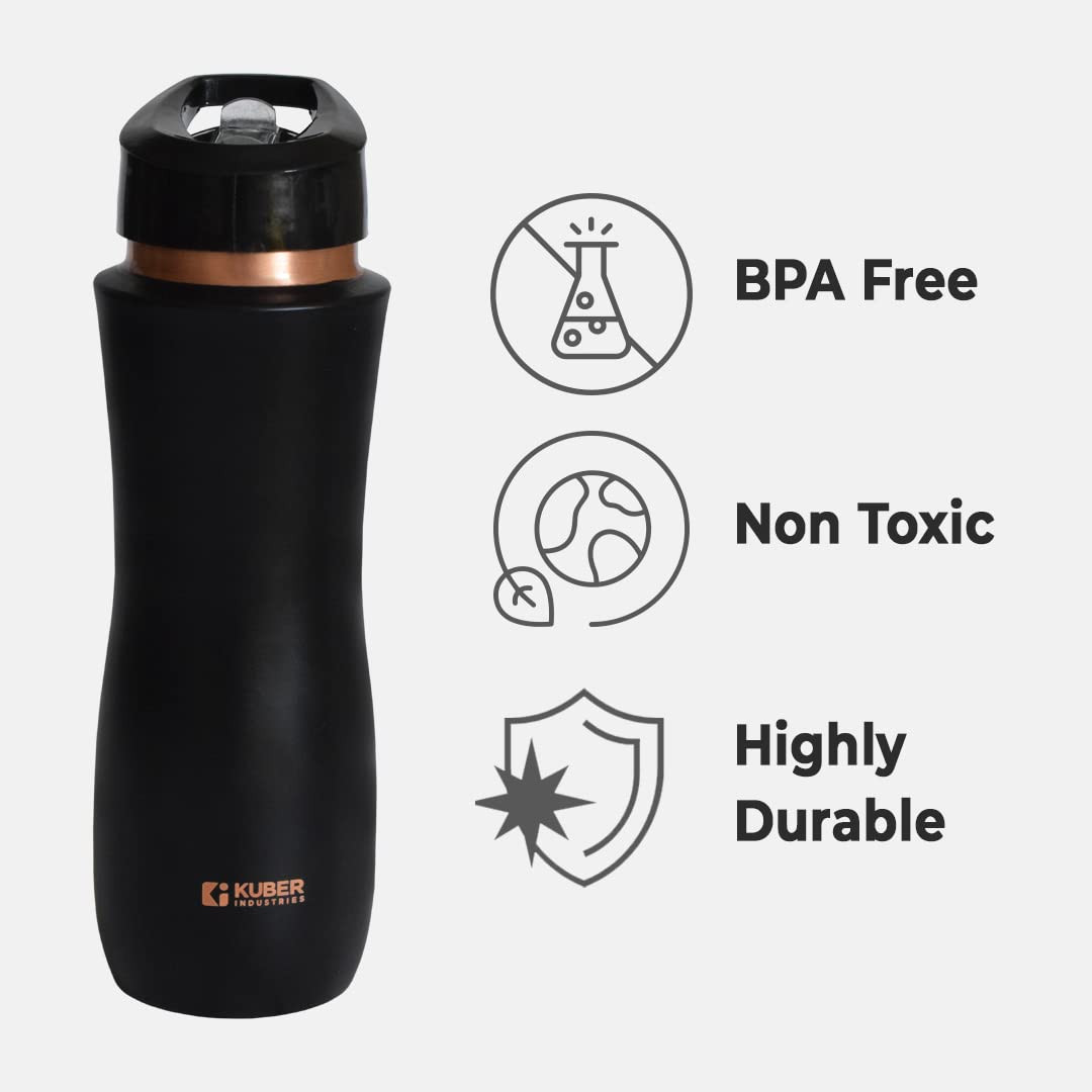 Kuber Industries Copper Water Bottle with Sipper | BPA Free & Non-Toxic | Leakproof, Durable & Lightweight | With Added Health Benefits of Copper | Ergonomic Design & Easy to Clean | Black | 750 ML