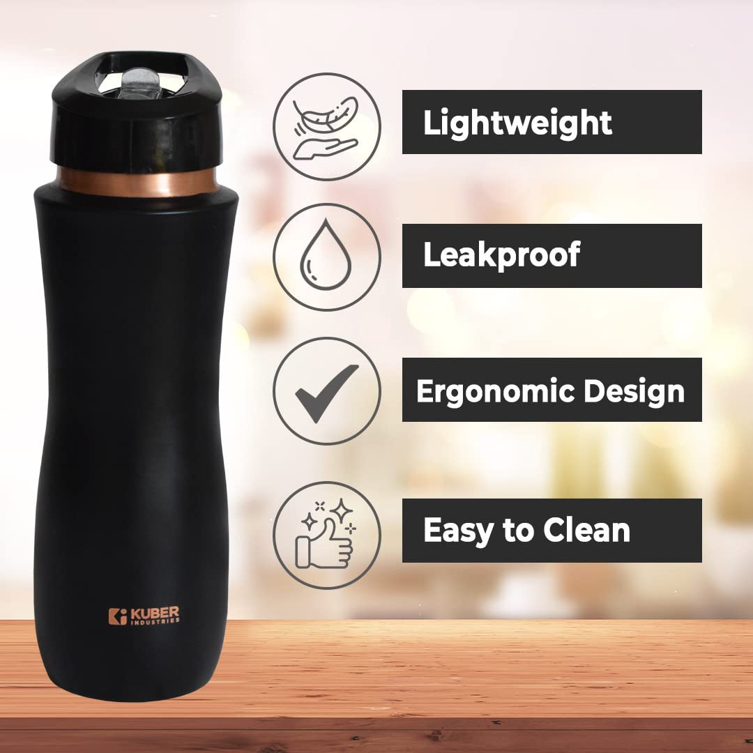 Kuber Industries Copper Water Bottle with Sipper | BPA Free & Non-Toxic | Leakproof, Durable & Lightweight | With Added Health Benefits of Copper | Ergonomic Design & Easy to Clean | Black | 750 ML