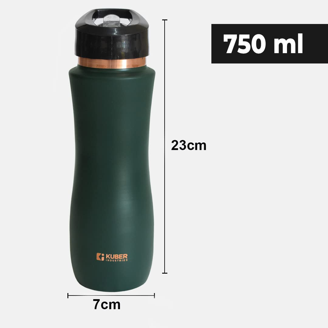 Kuber Industries Copper Water Bottle with Sipper, BPA Free & Non-Toxic, Leakproof, Durable & Lightweight, Added Health Benefits of Copper, Ergonomic Design & Easy to Clean (Green, 750 ML, Pack of 1)
