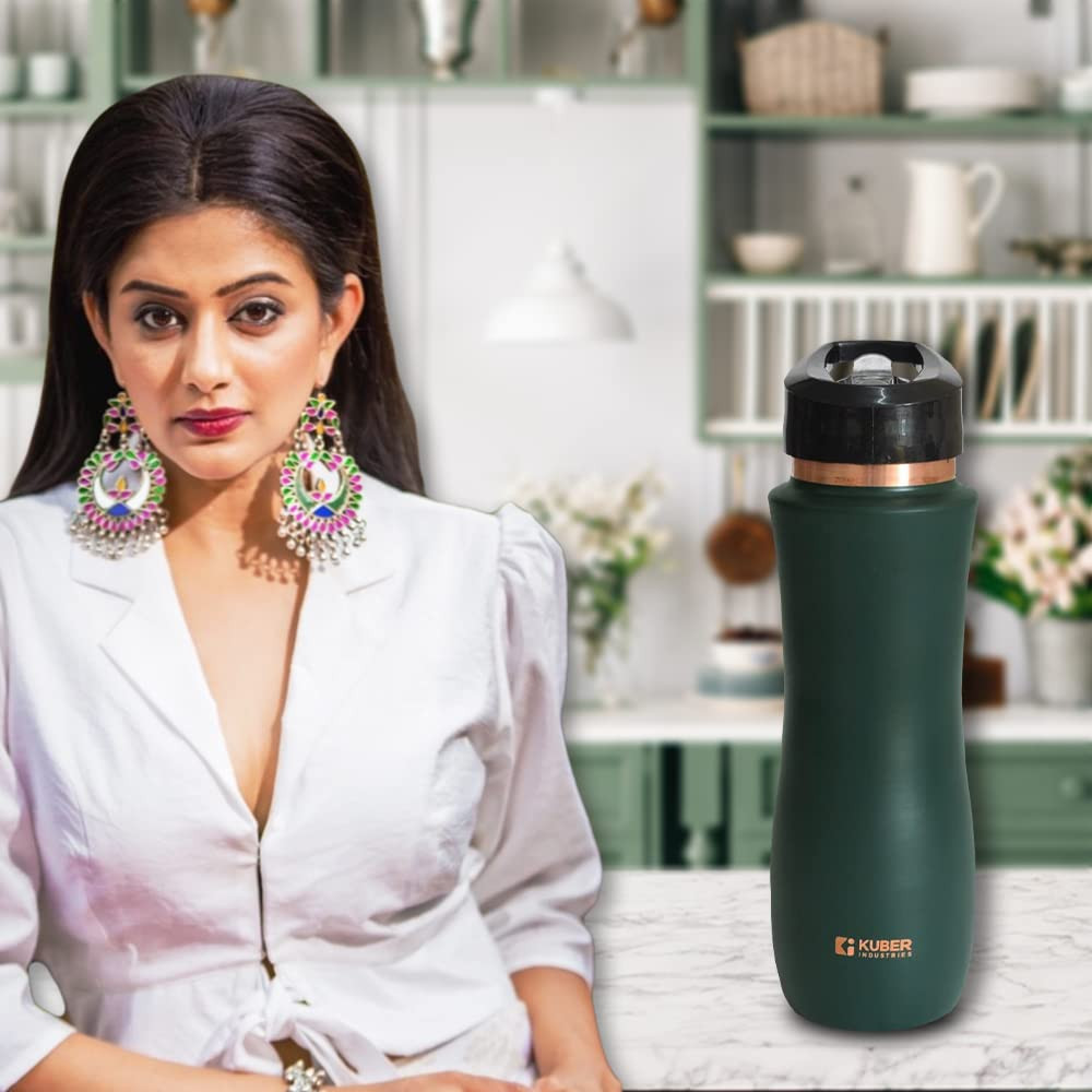Kuber Industries Copper Water Bottle with Sipper, BPA Free & Non-Toxic, Leakproof, Durable & Lightweight, Added Health Benefits of Copper, Ergonomic Design & Easy to Clean (Green, 750 ML, Pack of 1)