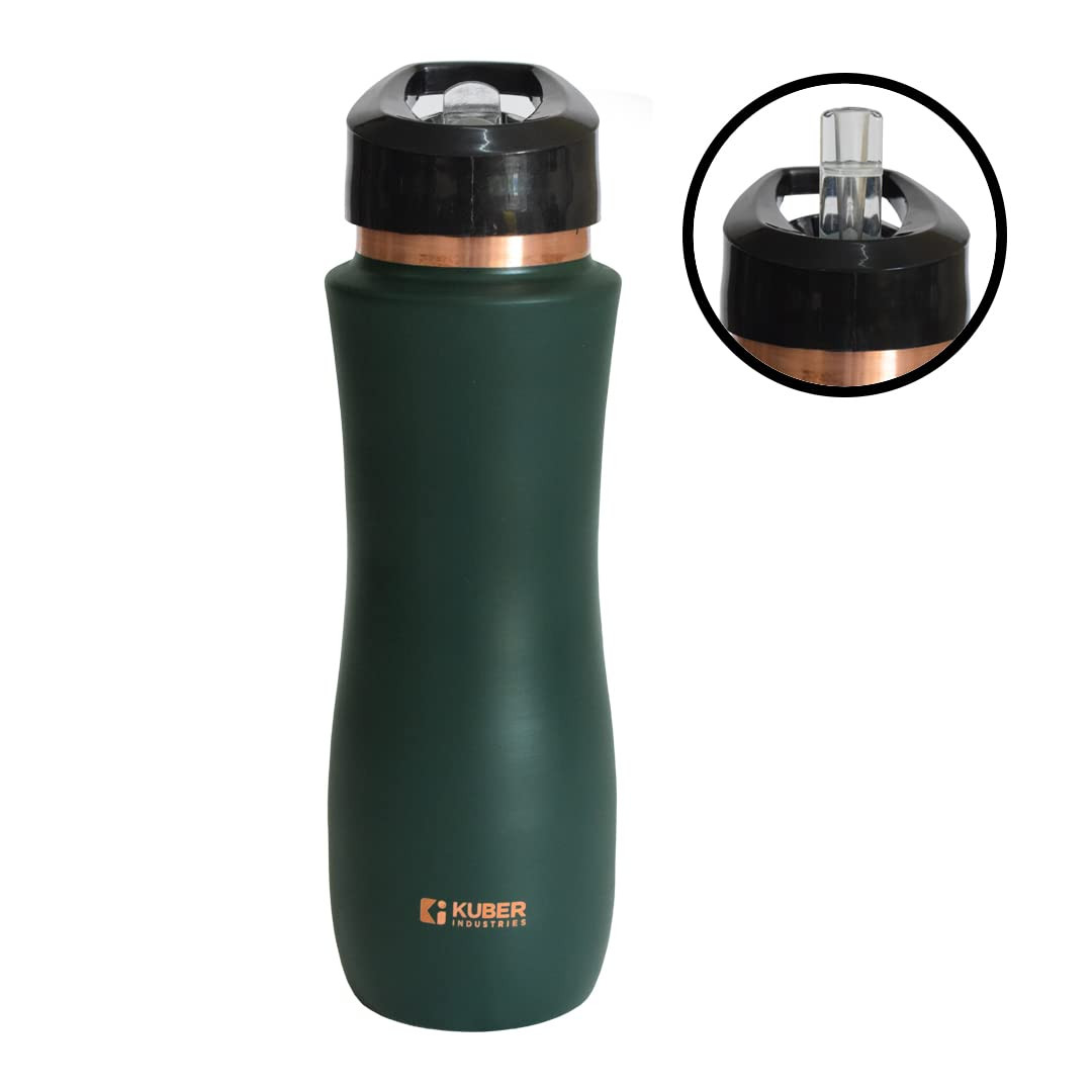 Kuber Industries Copper Water Bottle with Sipper, BPA Free & Non-Toxic, Leakproof, Durable & Lightweight, Added Health Benefits of Copper, Ergonomic Design & Easy to Clean (Green, 750 ML, Pack of 1)