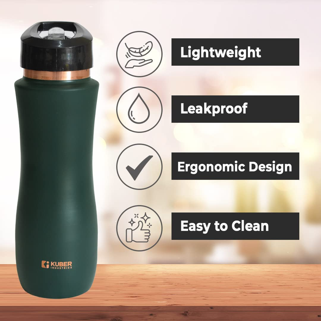 Kuber Industries Copper Water Bottle with Sipper, BPA Free & Non-Toxic, Leakproof, Durable & Lightweight, Added Health Benefits of Copper, Ergonomic Design & Easy to Clean (Green, 750 ML, Pack of 1)
