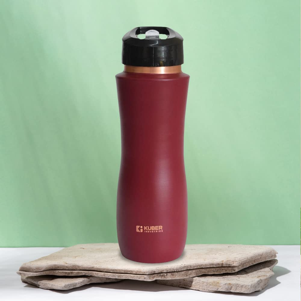 Kuber Industries Copper Water Bottle with Sipper, BPA Free & Non-Toxic, Leakproof, Durable & Lightweight, Added Health Benefits of Copper, Ergonomic Design & Easy to Clean (Maroon, 750 ML, Pack of 1)