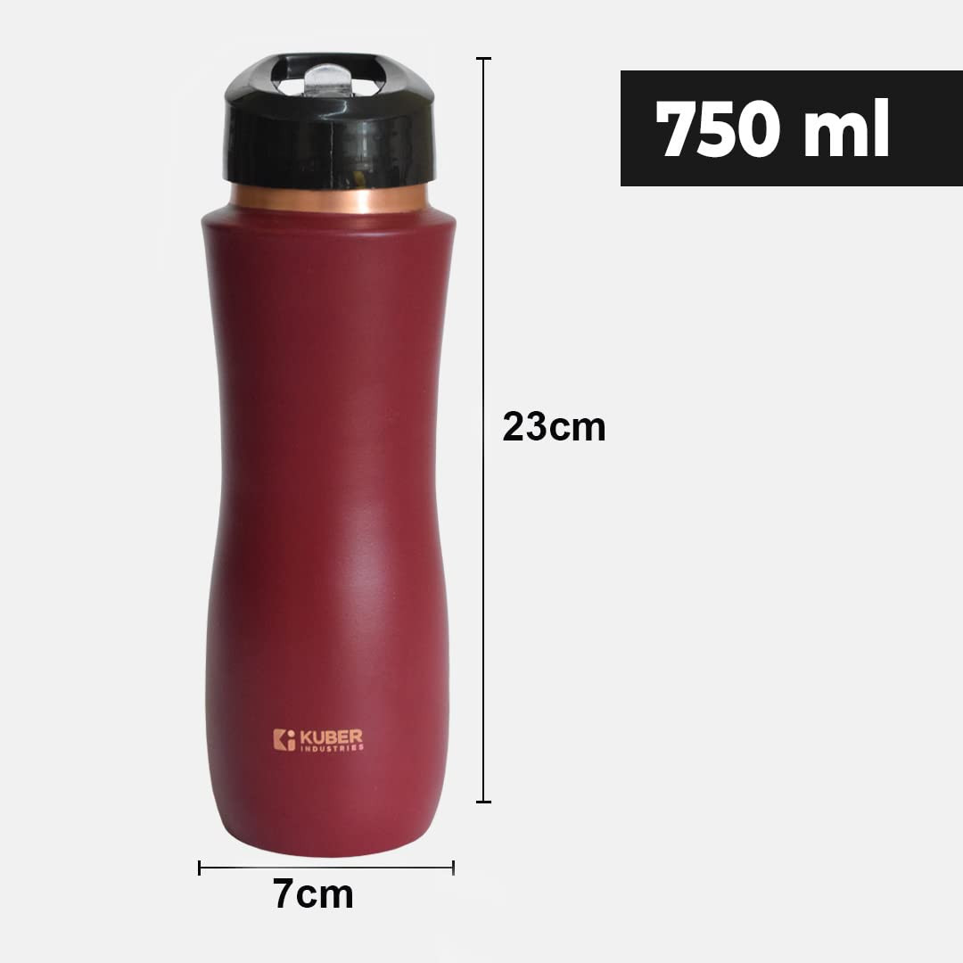 Kuber Industries Copper Water Bottle with Sipper, BPA Free & Non-Toxic, Leakproof, Durable & Lightweight, Added Health Benefits of Copper, Ergonomic Design & Easy to Clean (Maroon, 750 ML, Pack of 1)