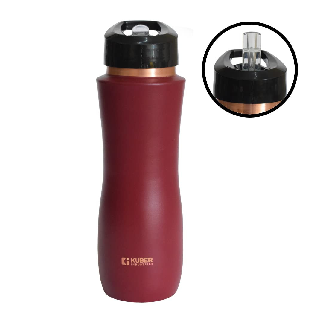 Kuber Industries Copper Water Bottle with Sipper, BPA Free & Non-Toxic, Leakproof, Durable & Lightweight, Added Health Benefits of Copper, Ergonomic Design & Easy to Clean (Maroon, 750 ML, Pack of 1)