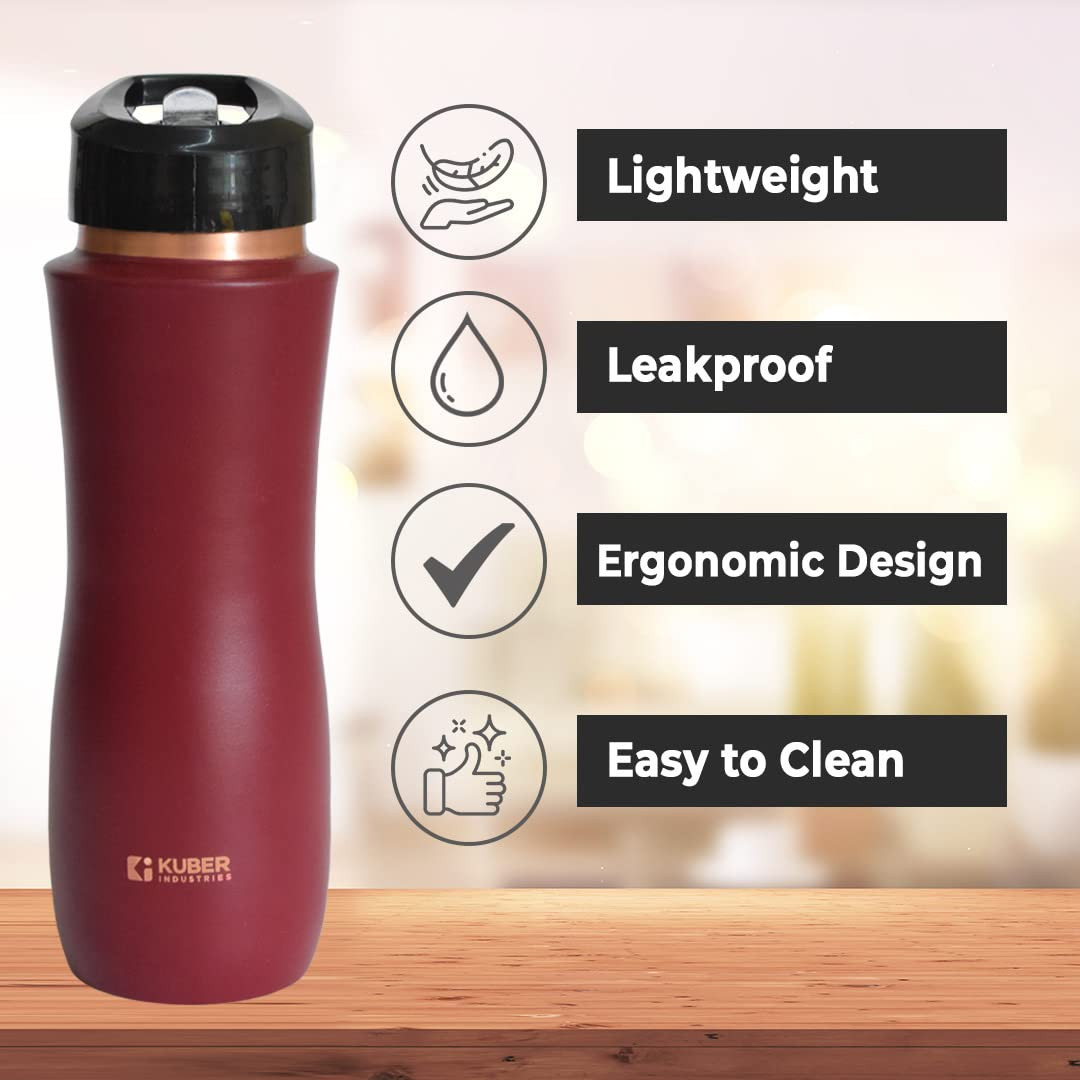 Kuber Industries Copper Water Bottle with Sipper, BPA Free & Non-Toxic, Leakproof, Durable & Lightweight, Added Health Benefits of Copper, Ergonomic Design & Easy to Clean (Maroon, 750 ML, Pack of 1)