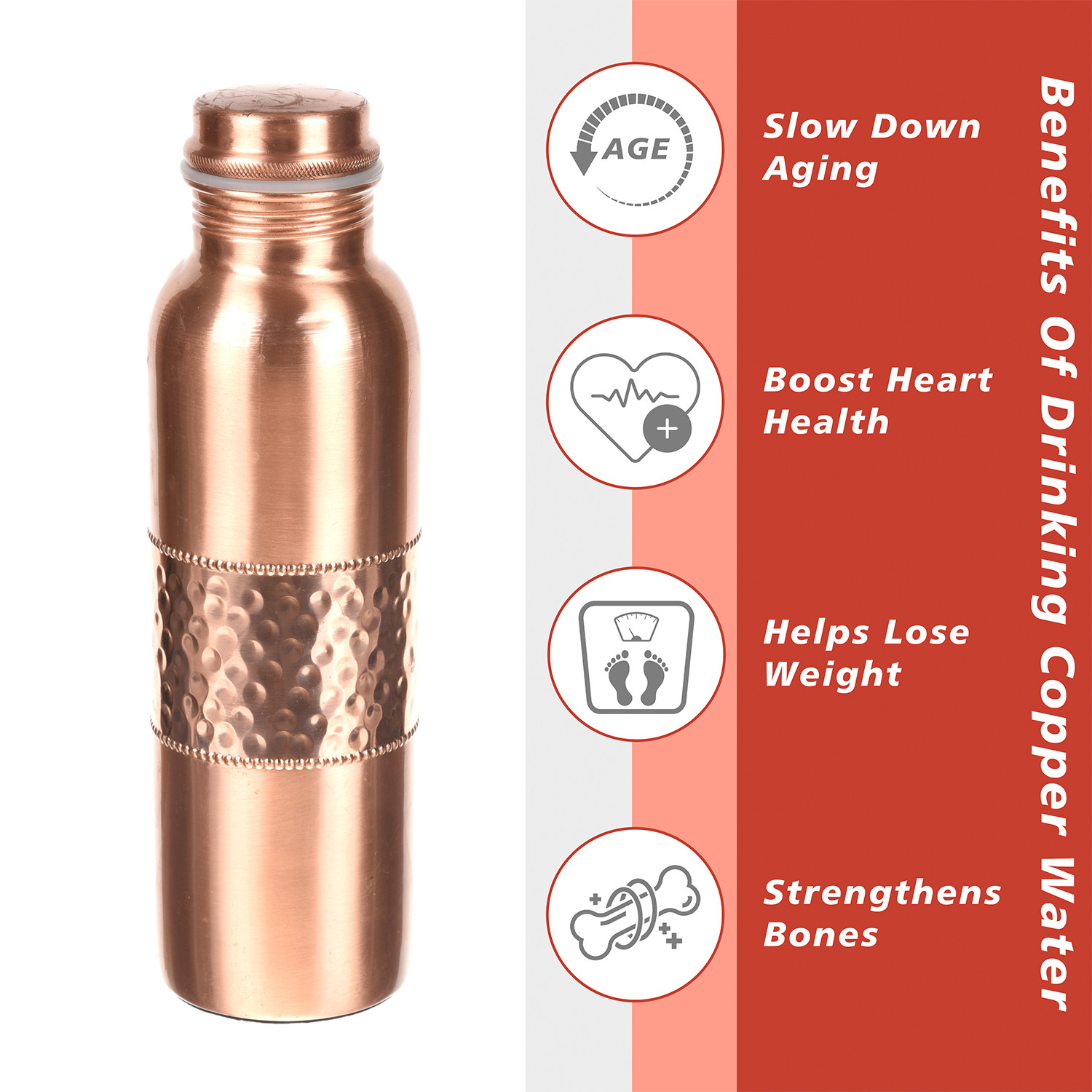 Kuber Industries Copper Water Bottle|Hammered Pure Copper Vessel Water Bottle|Leak Proof Ayurvedic Drinking Copper Water Bottle For office|Travelling|1 Liter (Copper)