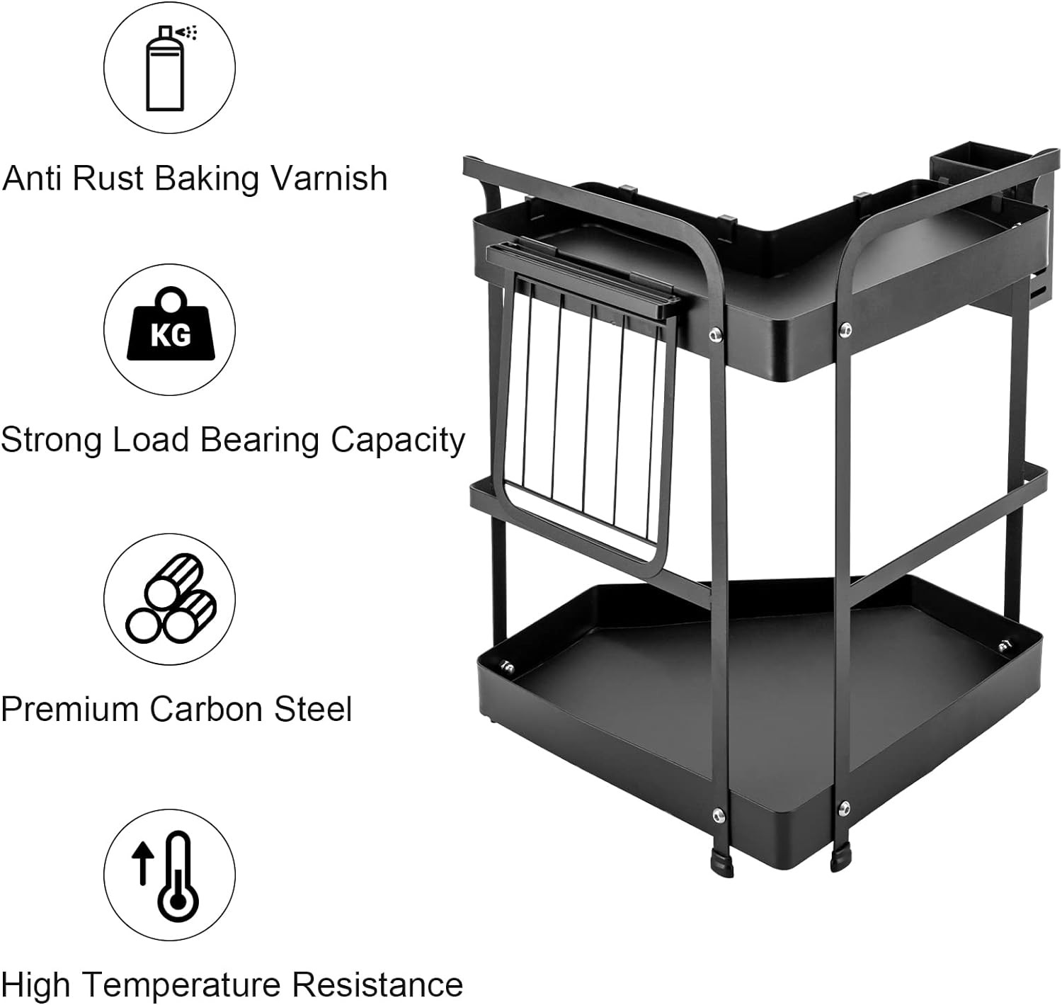 Kuber Industries Corner Kitchen Rack|Spice Rack,Chopsticks Rest, Knife Holder|4 Hooks Kitchen Storage Rack (Black)