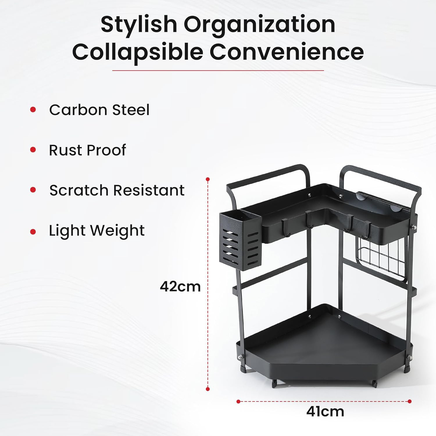 Kuber Industries Corner Kitchen Rack|Spice Rack,Chopsticks Rest, Knife Holder|4 Hooks Kitchen Storage Rack|L Shape Basket (Black)