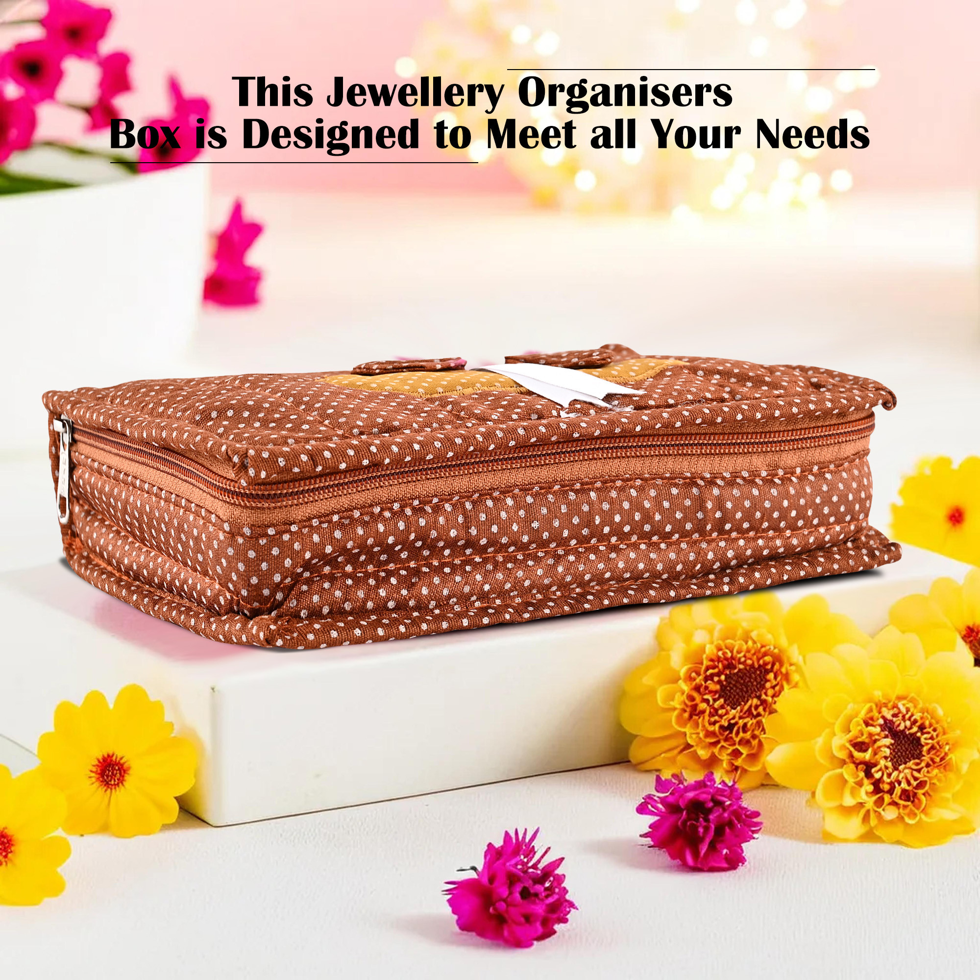 Kuber Industries Cosmetic Organisers Storage Box With 7 Pockets  Jewellery Organisers For Travel  Toiletries Bag  Dots Pattern - Brown