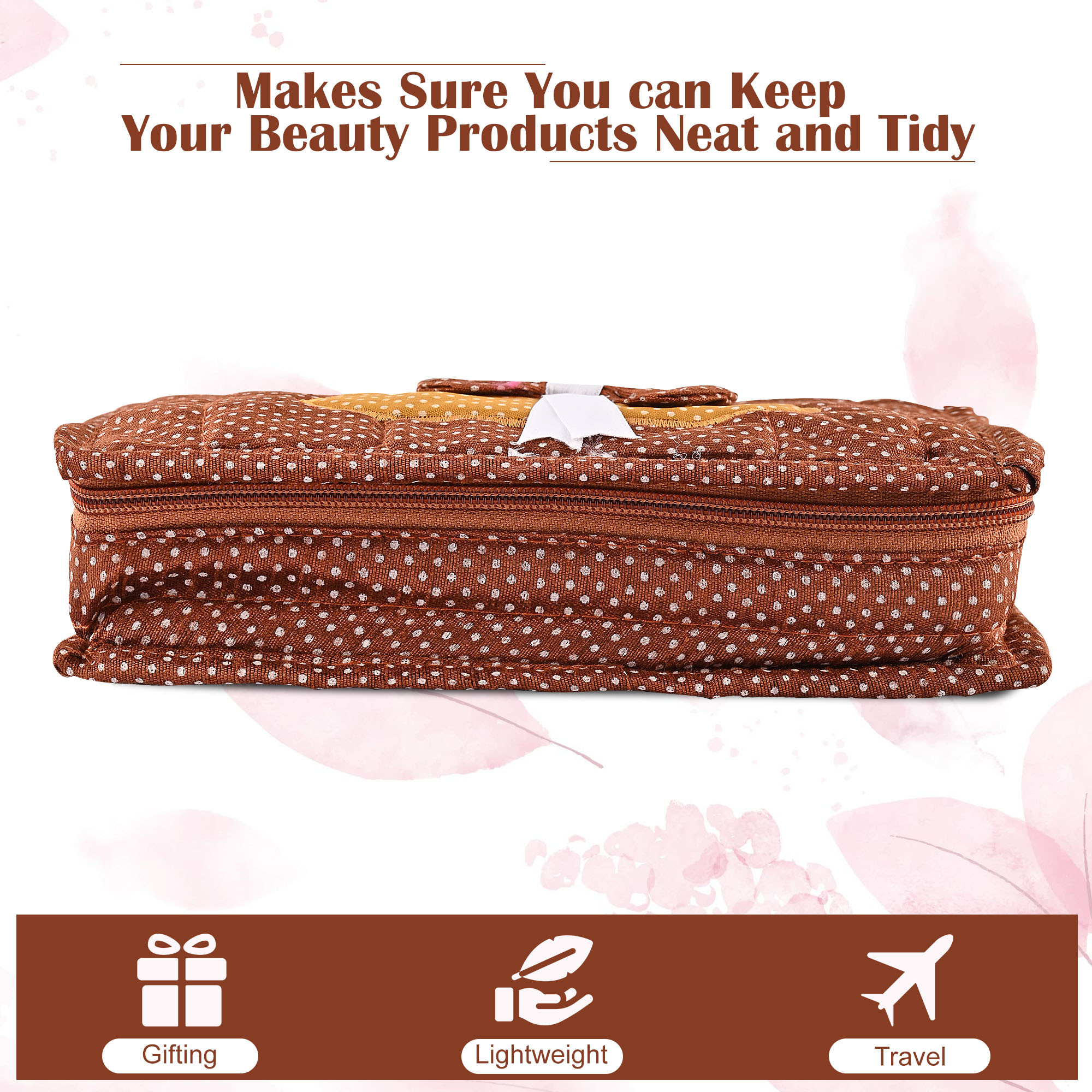 Kuber Industries Cosmetic Organisers Storage Box With 7 Pockets  Jewellery Organisers For Travel  Toiletries Bag  Dots Pattern - Brown