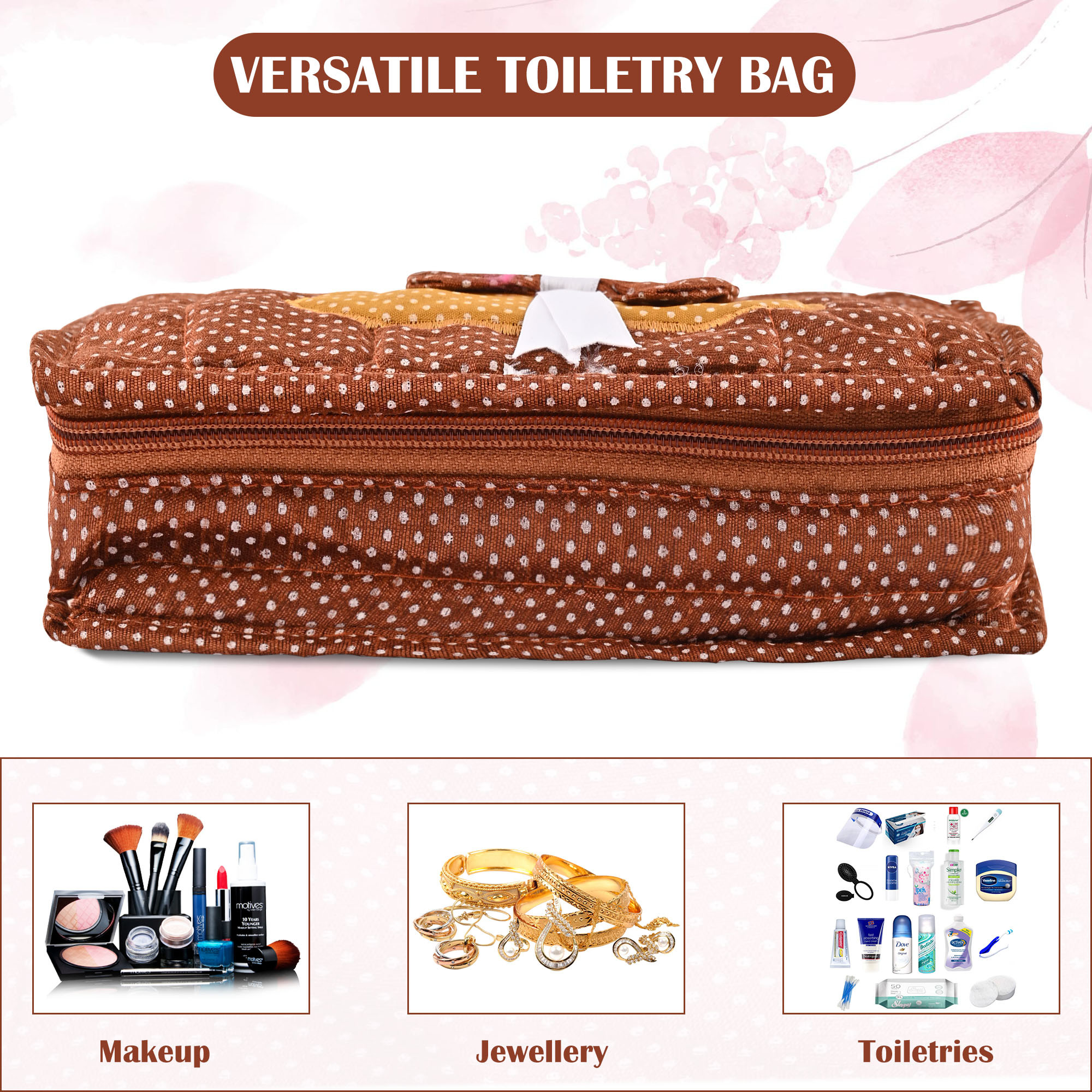 Kuber Industries Cosmetic Organisers Storage Box With 7 Pockets  Jewellery Organisers For Travel  Toiletries Bag  Dots Pattern - Brown