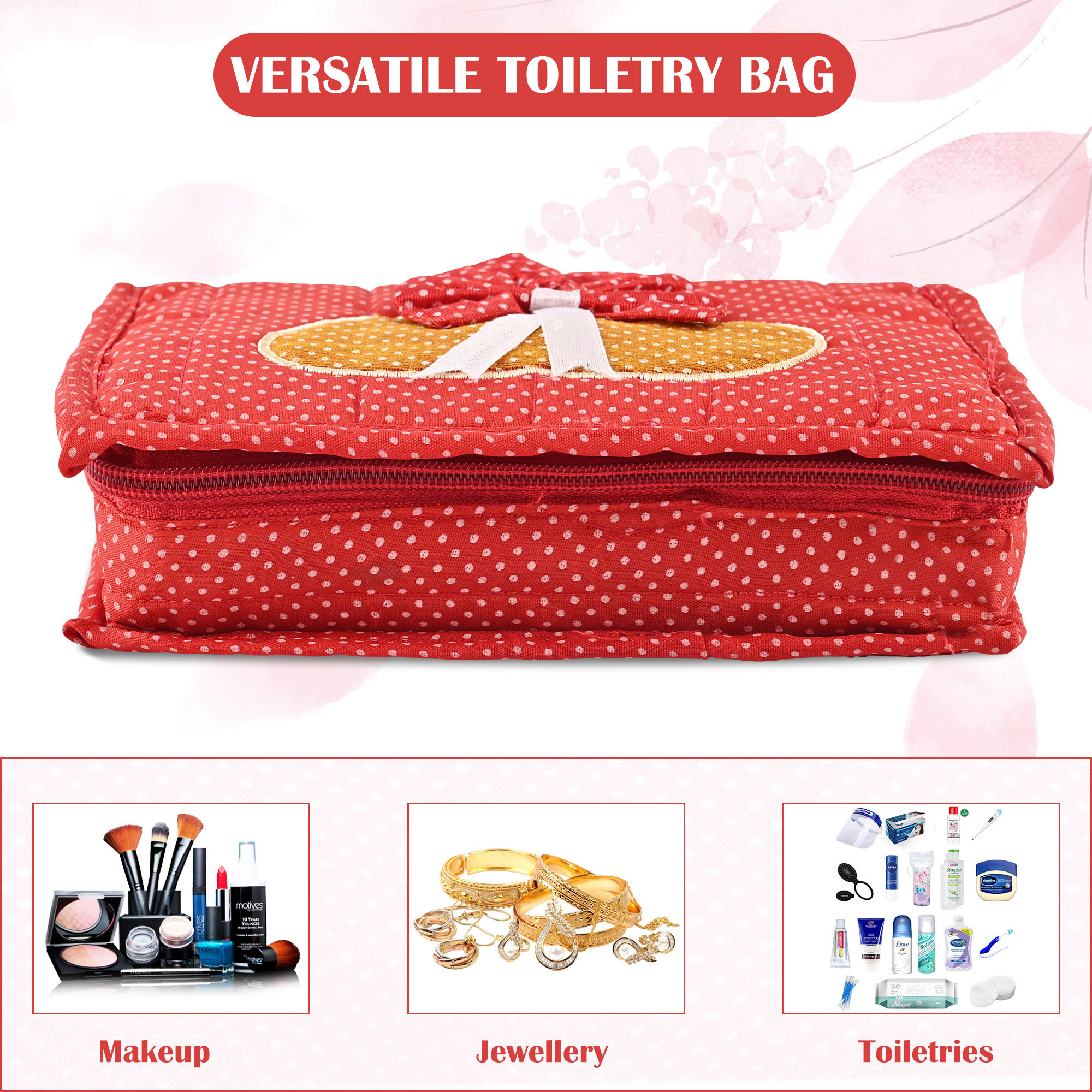 Kuber Industries Cosmetic Organisers Storage Box With 7 Pockets  Jewellery Organisers For Travel  Toiletries Bag  Dots Pattern - Red