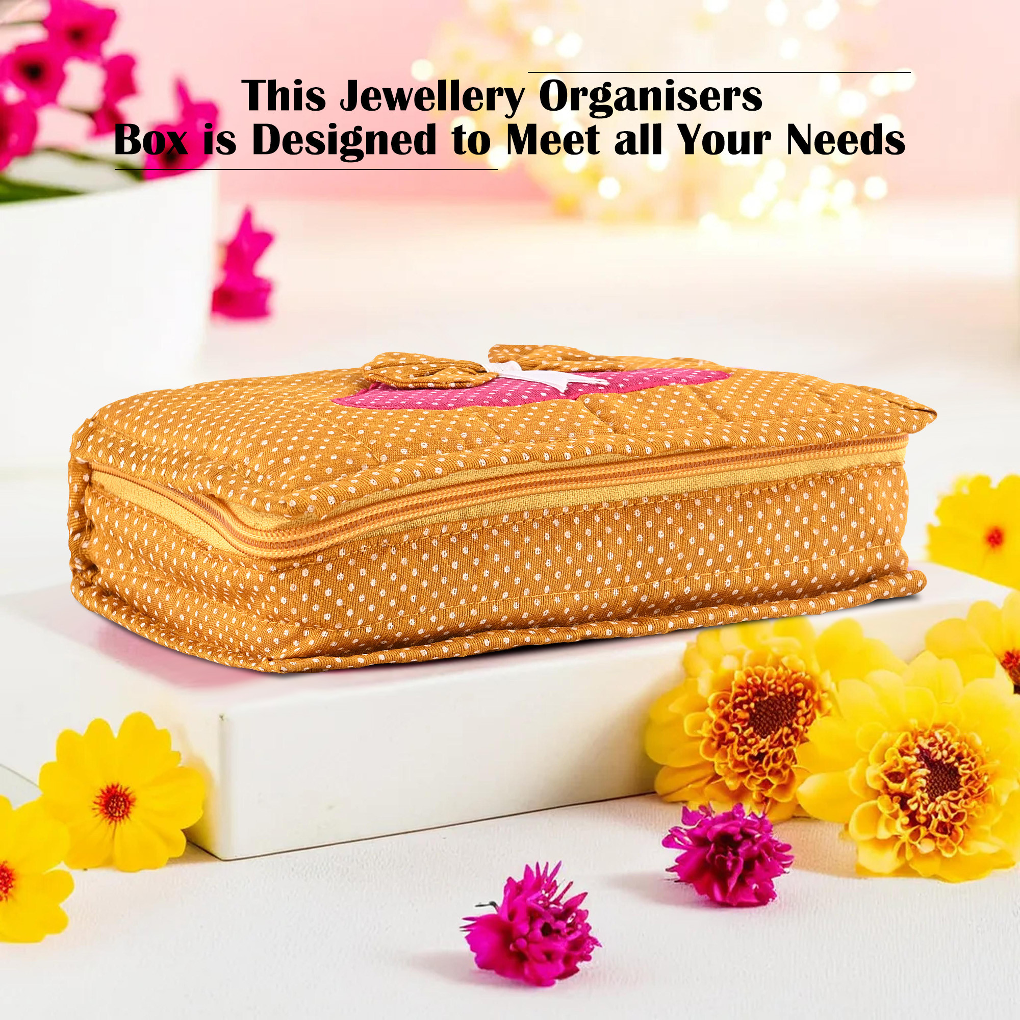 Kuber Industries Cosmetic Organisers Storage Box With 7 Pockets  Jewellery Organisers For Travel  Toiletries Bag  Dots Pattern - Golden