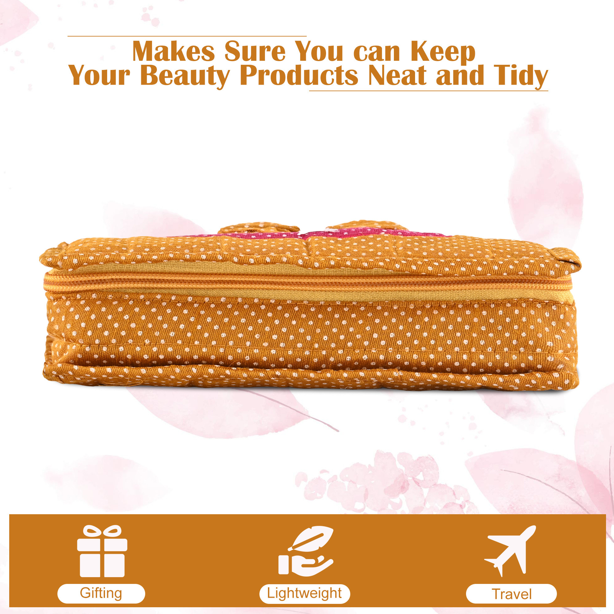 Kuber Industries Cosmetic Organisers Storage Box With 7 Pockets  Jewellery Organisers For Travel  Toiletries Bag  Dots Pattern - Golden