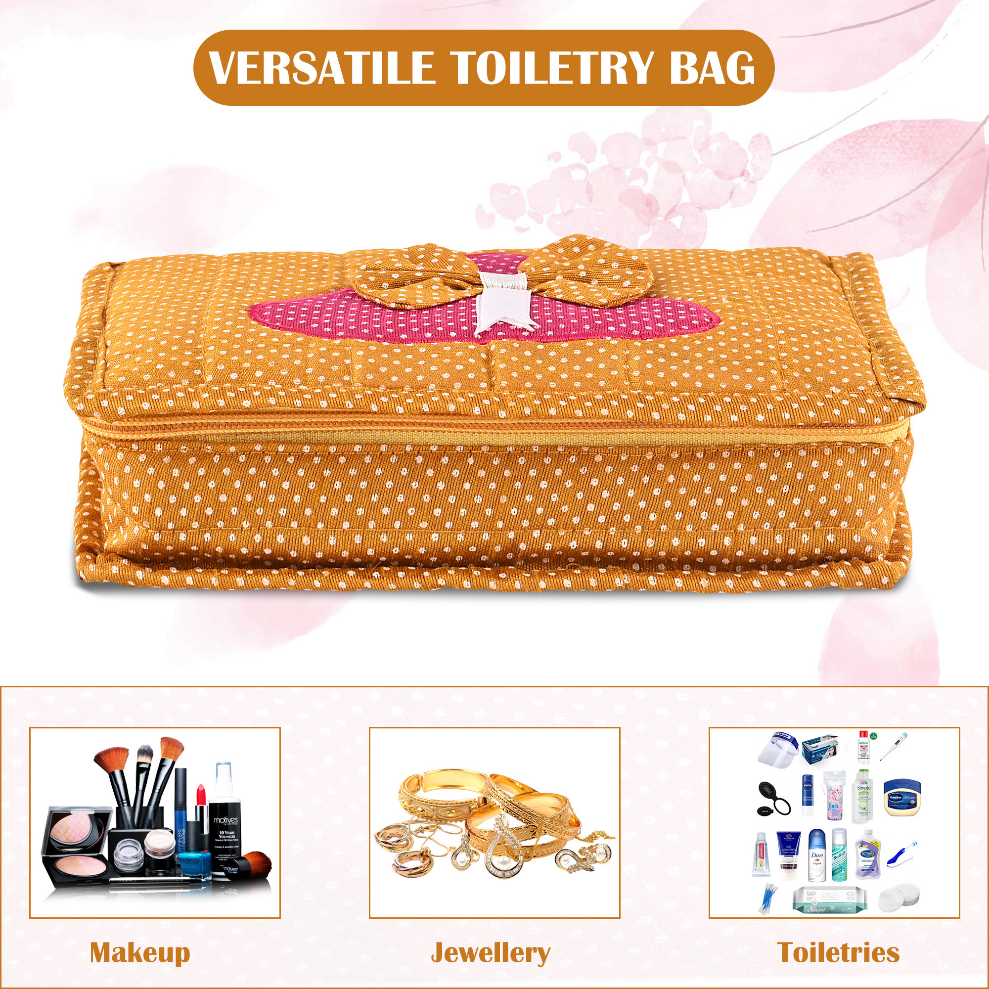 Kuber Industries Cosmetic Organisers Storage Box With 7 Pockets  Jewellery Organisers For Travel  Toiletries Bag  Dots Pattern - Golden