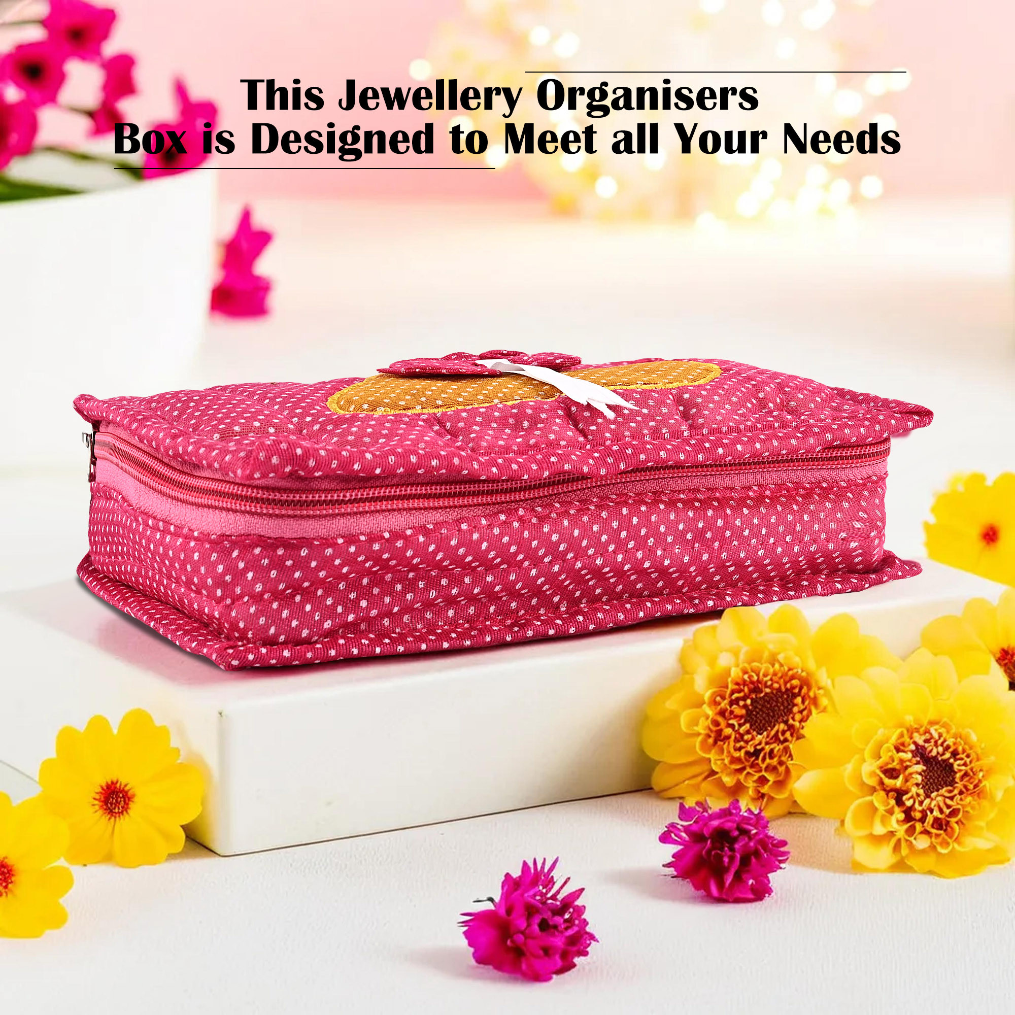 Kuber Industries Cosmetic Organisers Storage Box With 7 Pockets  Jewellery Organisers For Travel  Toiletries Bag  Dots Pattern - Pink