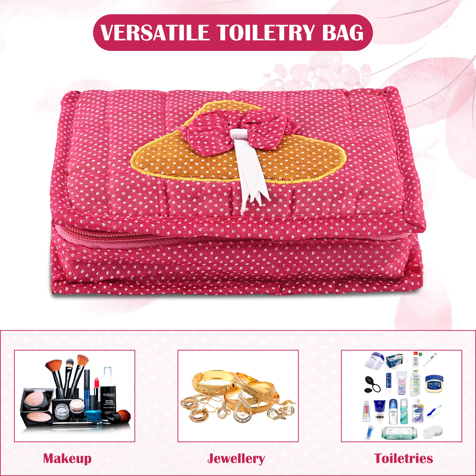 Kuber Industries Cosmetic Organisers Storage Box With 7 Pockets  Jewellery Organisers For Travel  Toiletries Bag  Dots Pattern - Pink