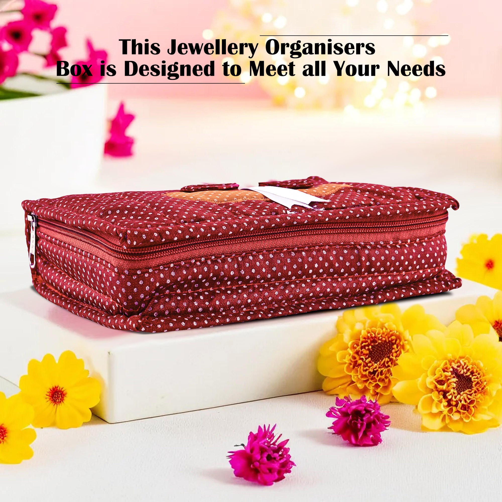 Kuber Industries Cosmetic Organisers Storage Box With 7 Pockets  Jewellery Organisers For Travel  Toiletries Bag  Dots Pattern - Maroon