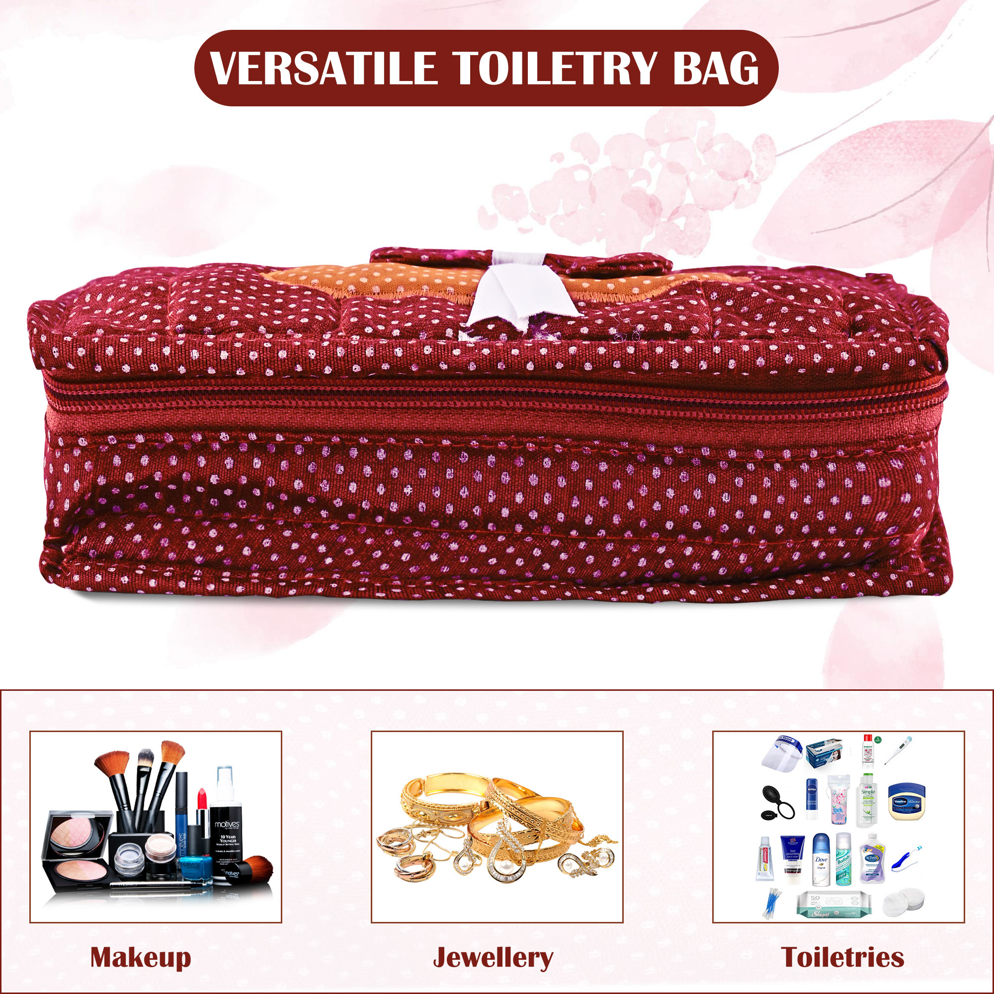 Kuber Industries Cosmetic Organisers Storage Box With 7 Pockets  Jewellery Organisers For Travel  Toiletries Bag  Dots Pattern - Maroon