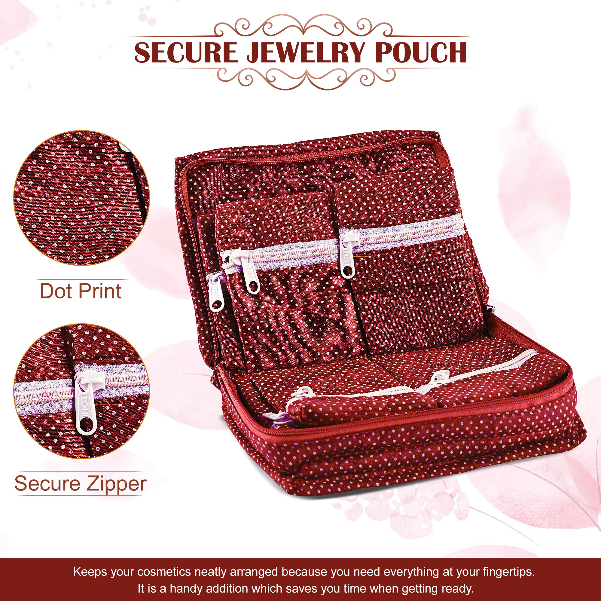 Kuber Industries Cosmetic Organisers Storage Box With 7 Pockets  Jewellery Organisers For Travel  Toiletries Bag  Dots Pattern - Maroon