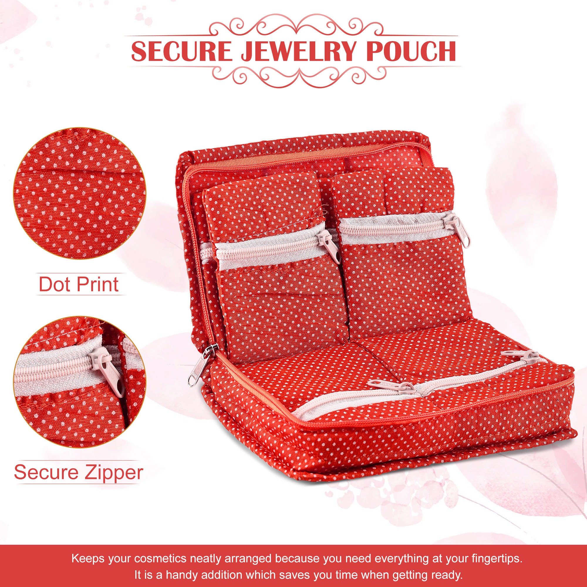 Kuber Industries Cosmetic Organisers Storage Box With 7 Pockets  Jewellery Organisers For Travel  Toiletries Bag  Dots Pattern - Red