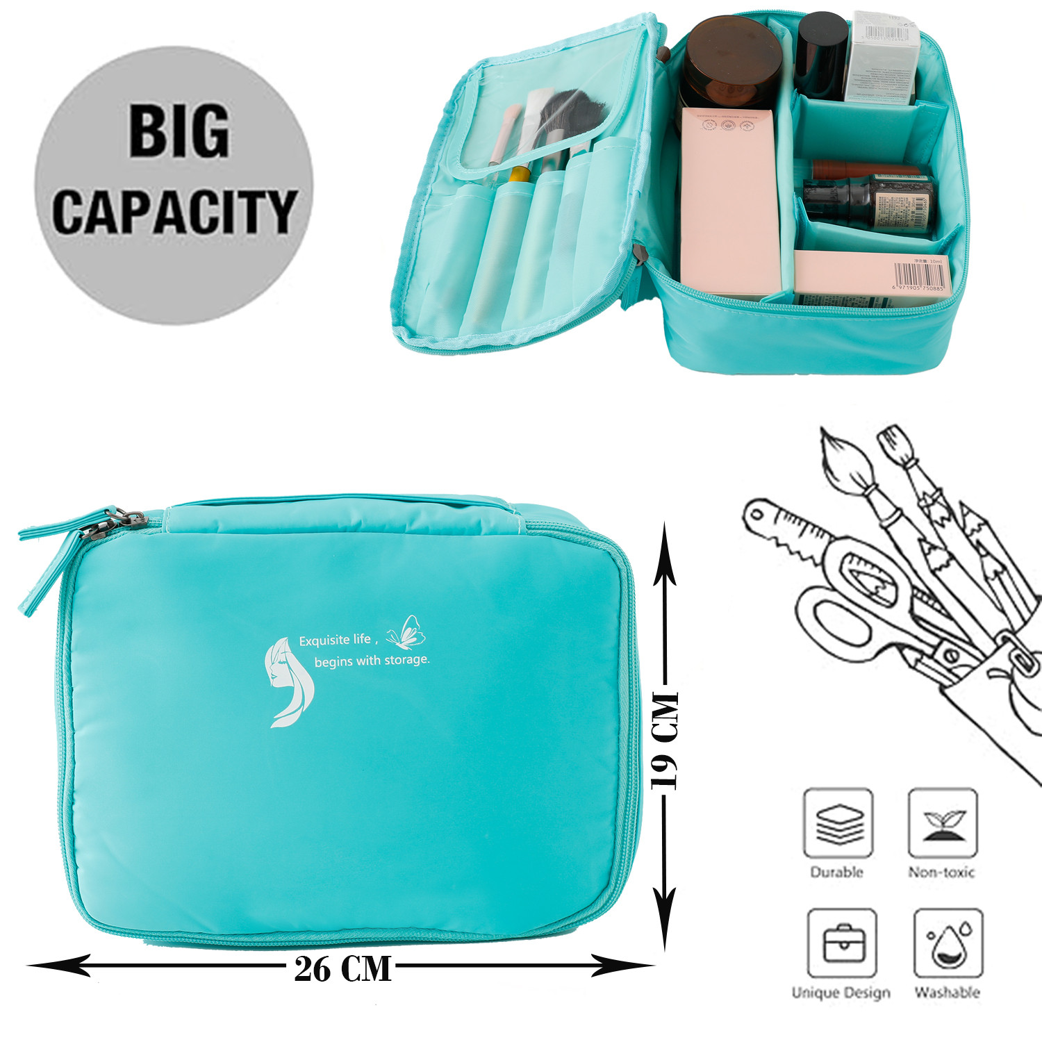 Kuber Industries Cosmetic Storage Case|Makeup Kit Box For Women|Pouch For Home & Travel|Two Compartment|Zipper Closure (Blue)