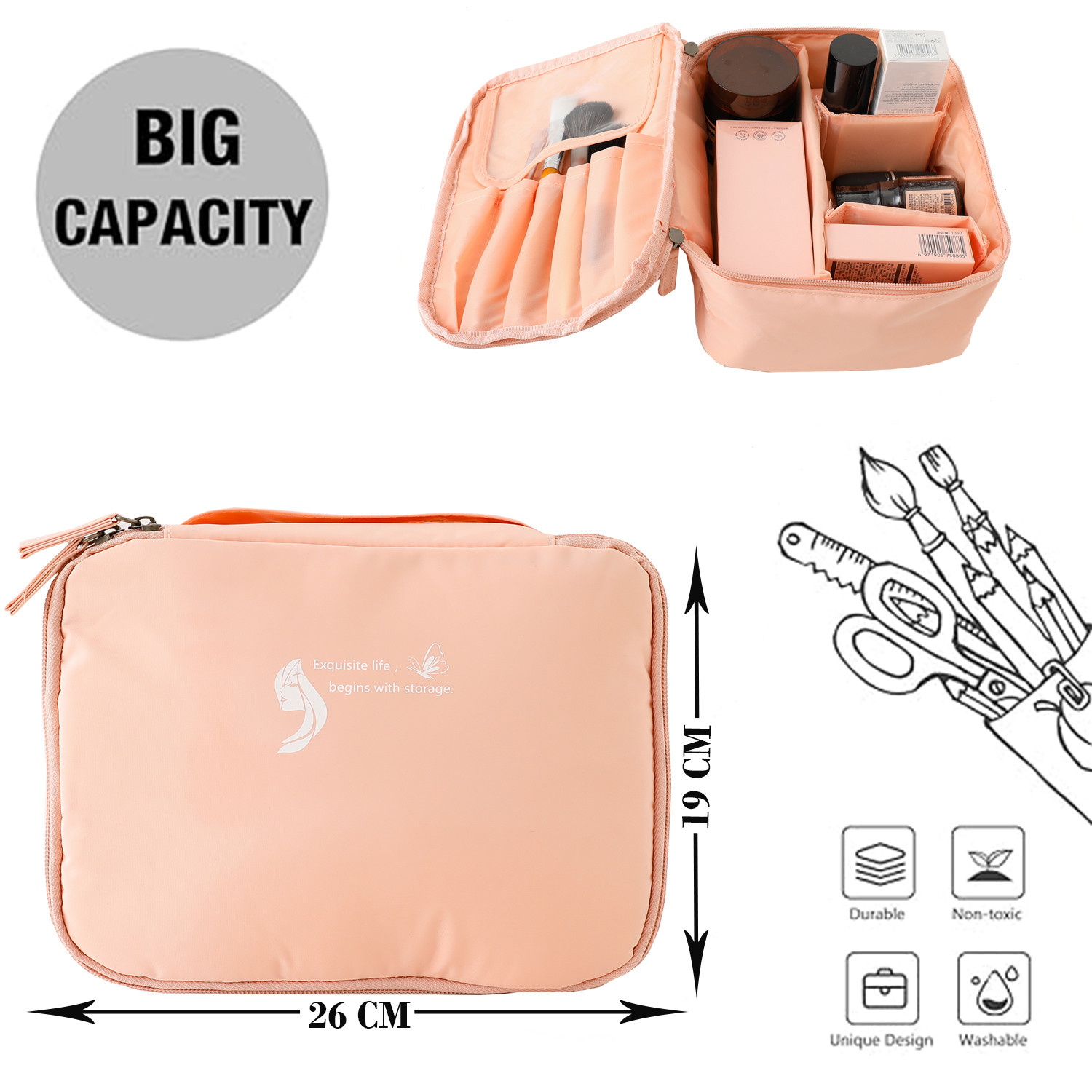 Kuber Industries Cosmetic Storage Case|Makeup Kit Box For Women|Pouch For Home & Travel|Two Compartment|Zipper Closure (Pink)