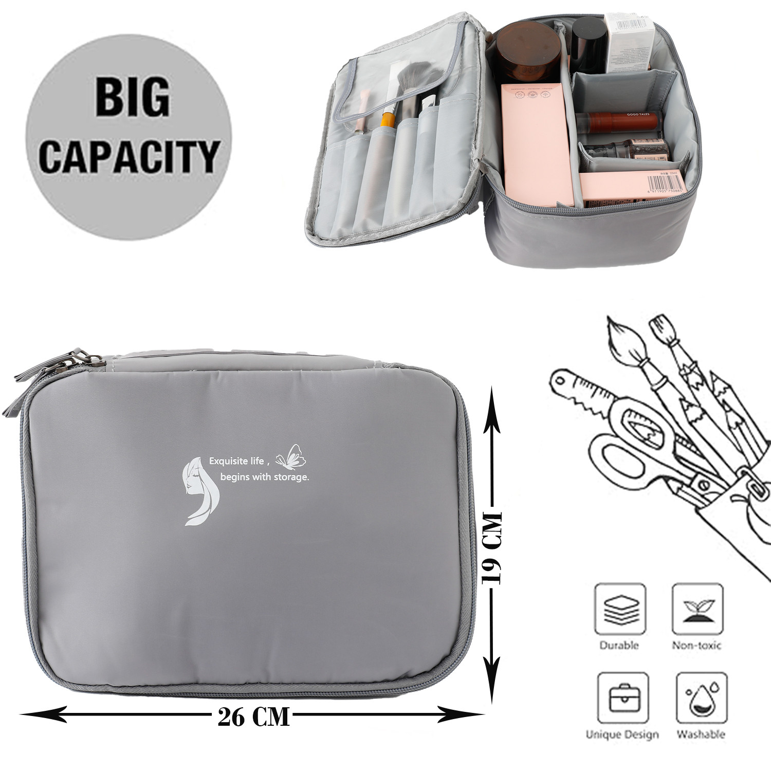 Kuber Industries Cosmetic Storage Case|Makeup Kit Box For Women|Pouch For Home & Travel|Two Compartment|Zipper Closure (Grey)