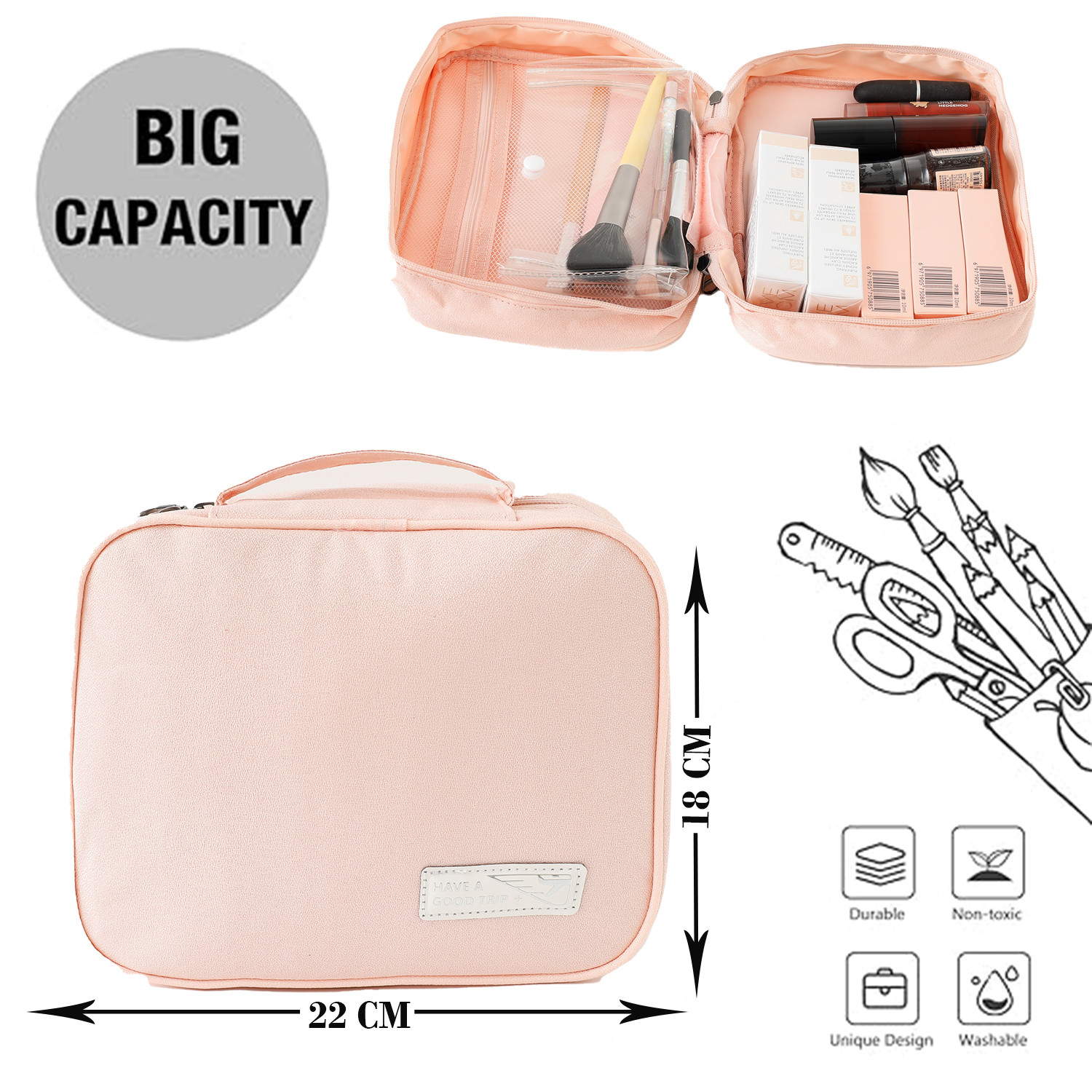 Kuber Industries Cosmetic Storage Case|Makeup Kit Box For Women|Small Vanity Case|Pouch For Home & Travel|Two Compartment|Zipper Closure (Pink)