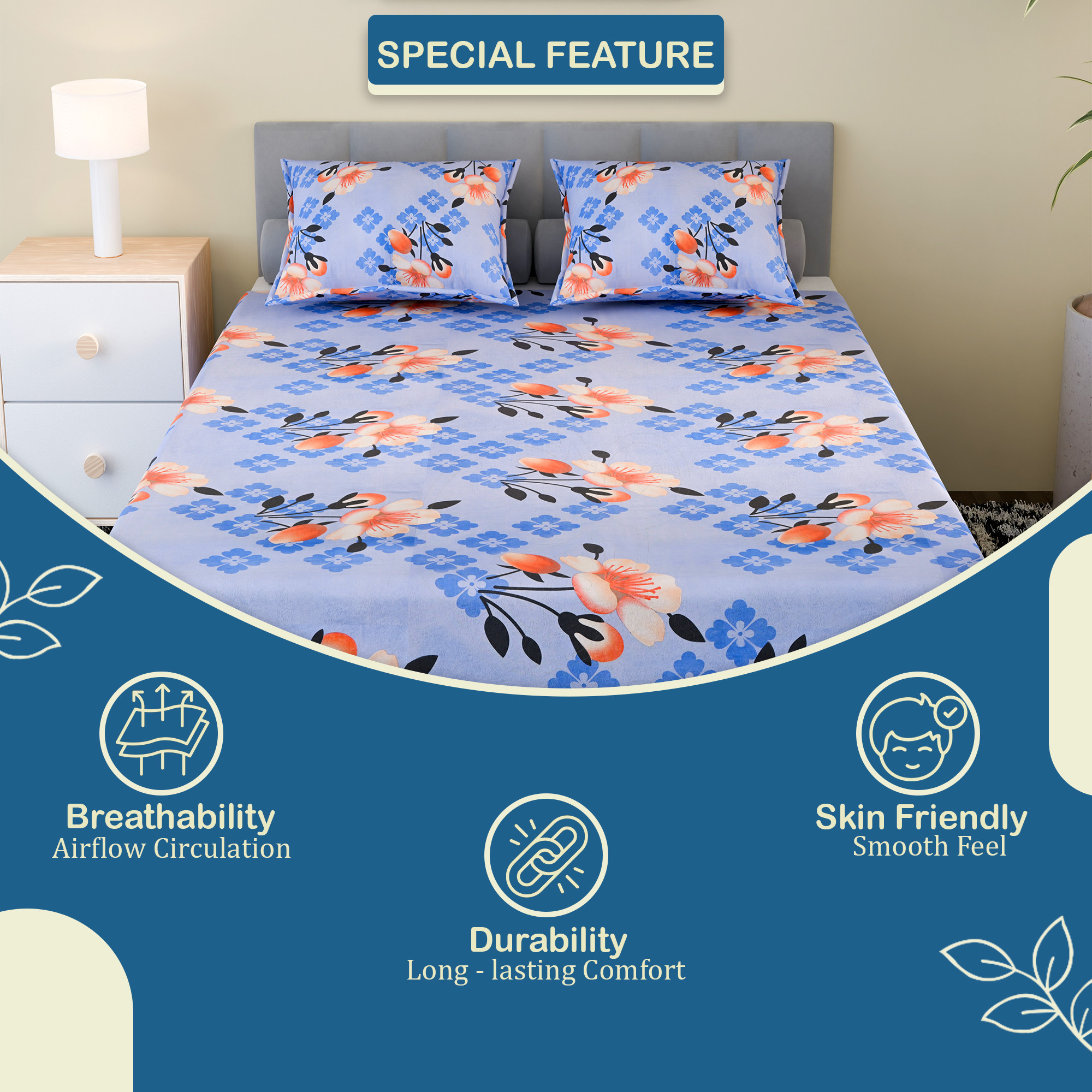 Kuber Industries Cotton 100 TC Double Bedsheet With 2 Pillow Covers  Machine Washable Soft Bedsheet For Living Room Home  Hotels  Flower Print - Light Blue