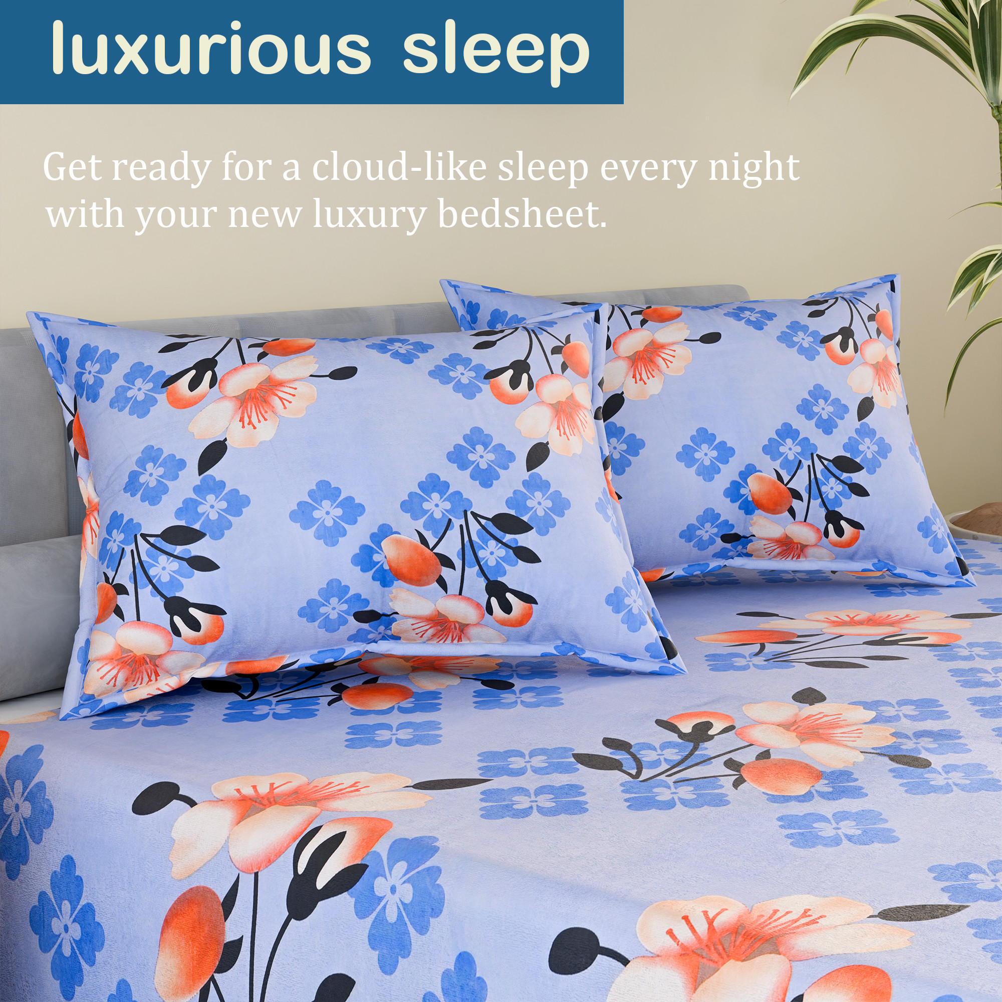 Kuber Industries Cotton 100 TC Double Bedsheet With 2 Pillow Covers  Machine Washable Soft Bedsheet For Living Room Home  Hotels  Flower Print - Light Blue