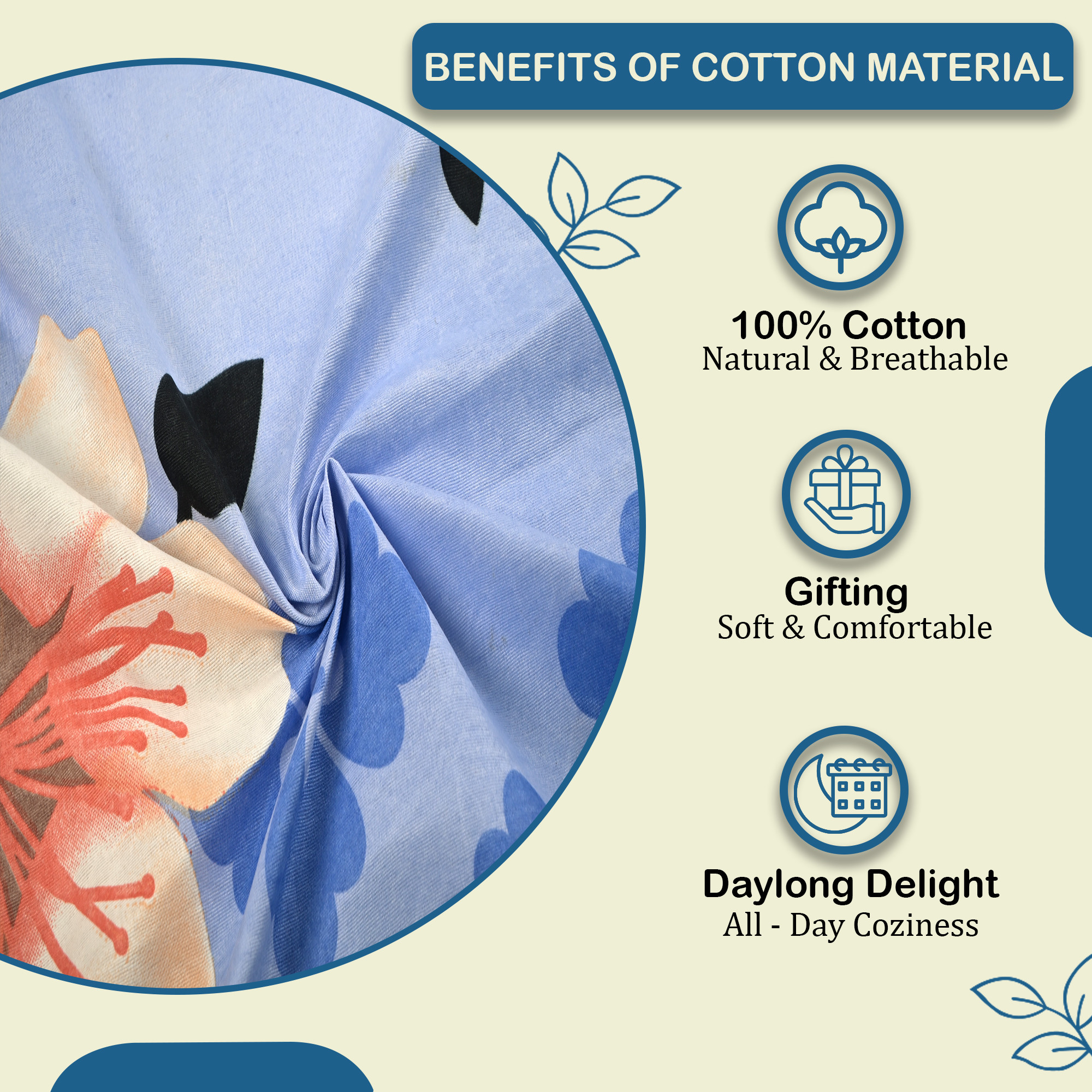 Kuber Industries Cotton 100 TC Double Bedsheet With 2 Pillow Covers  Machine Washable Soft Bedsheet For Living Room Home  Hotels  Flower Print - Light Blue