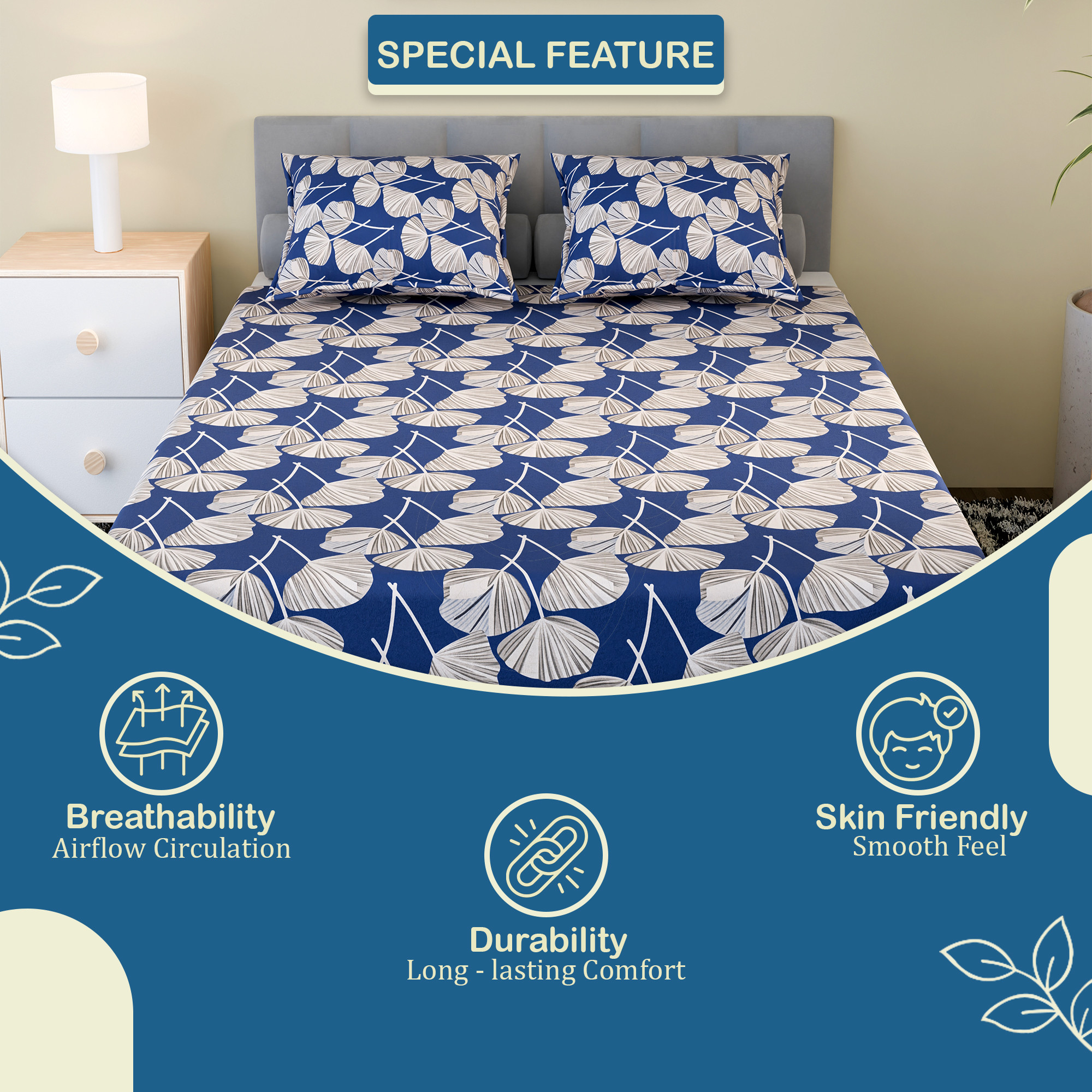 Kuber Industries Cotton 144 TC Double Bedsheet With 2 Pillow Covers  Machine Washable Soft Bedsheet For Living Room Home  Hotels  Patta Print - Blue