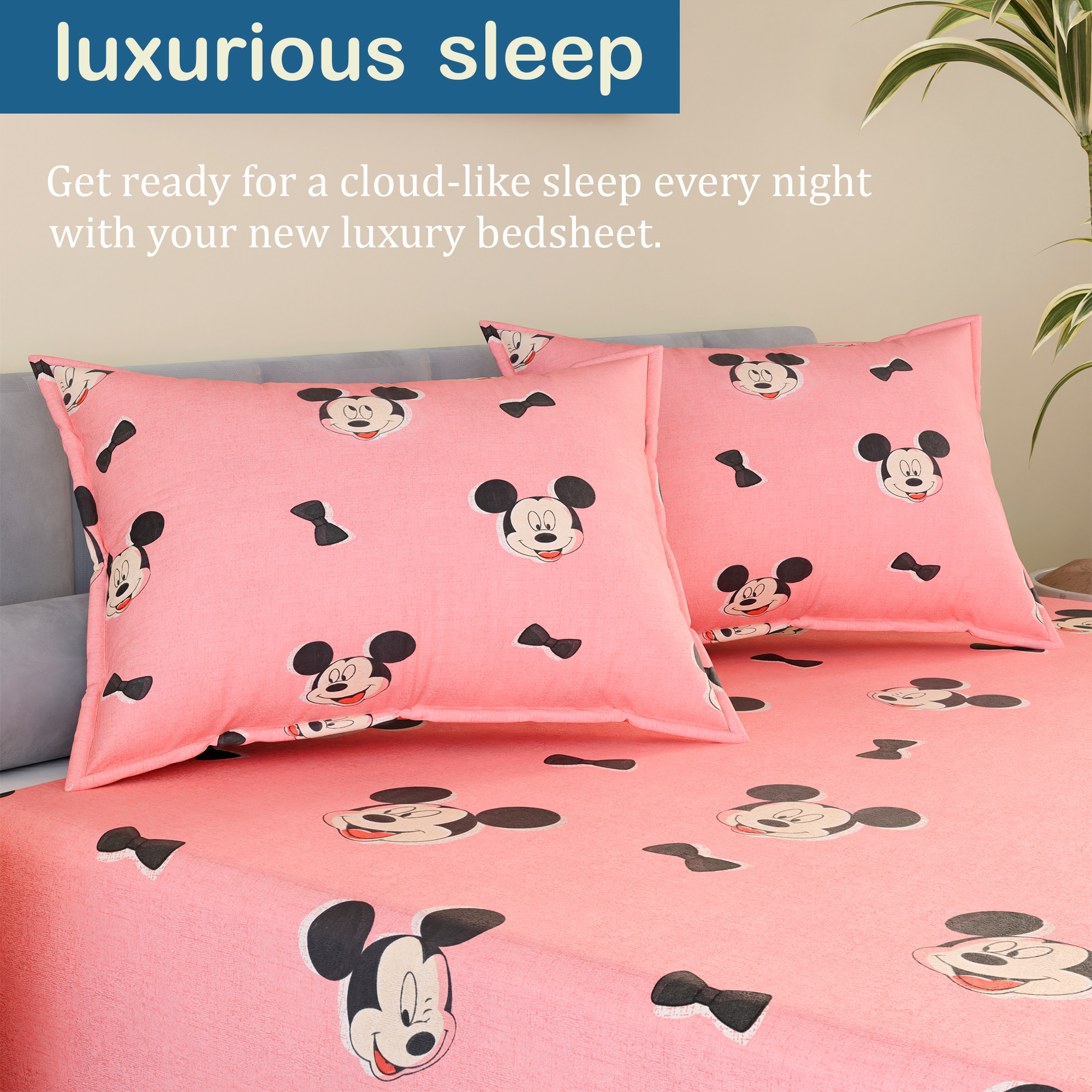 Kuber Industries Cotton 144 TC Double Bedsheet With 2 Pillow Covers  Machine Washable Soft Bedsheet For Living Room Home  Hotels  Mickey Print - Pink