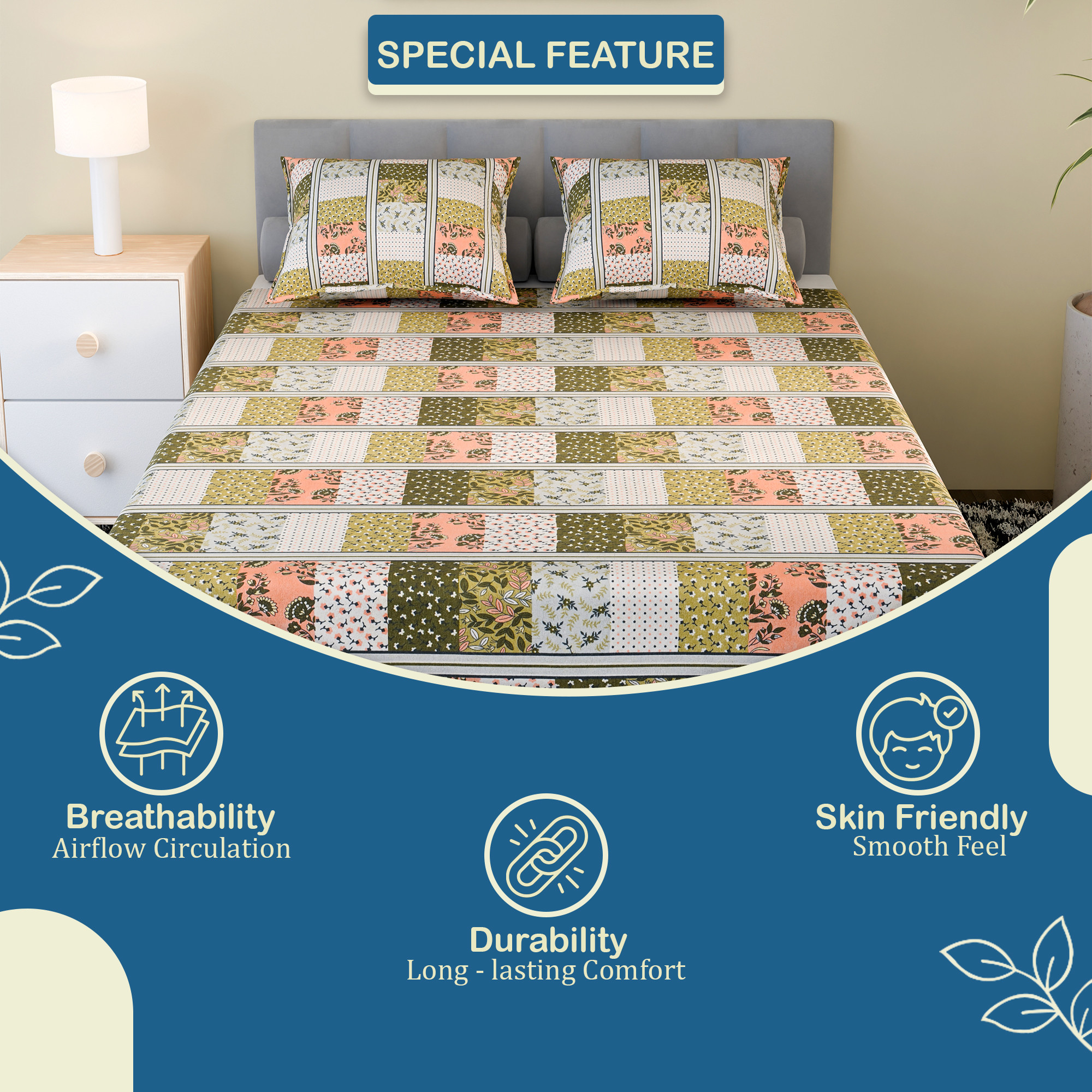 Kuber Industries Cotton 144 TC Double Bedsheet With 2 Pillow Covers  Machine Washable Soft Bedsheet For Living Room Home  Hotels  Barik Flower Print - Green