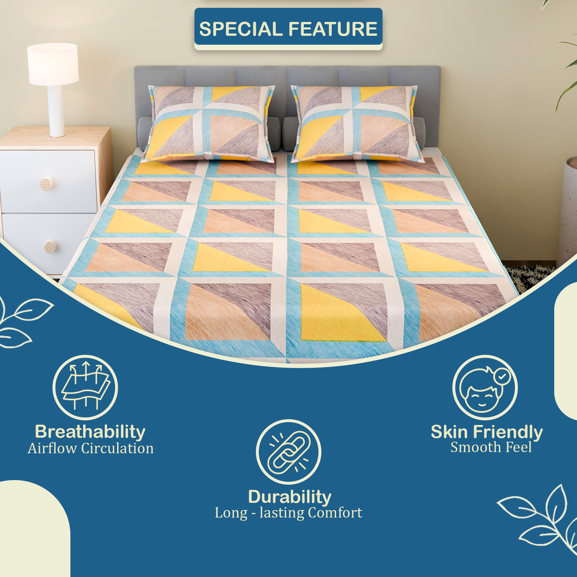 Kuber Industries Cotton 144 TC Double Bedsheet With 2 Pillow Covers  Machine Washable Soft Bedsheet For Living Room Home  Hotels  Multi Triangular Print - Yellow  Green