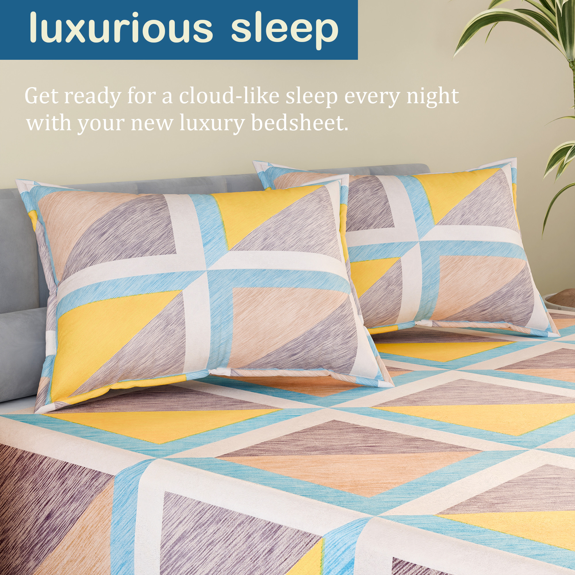 Kuber Industries Cotton 144 TC Double Bedsheet With 2 Pillow Covers  Machine Washable Soft Bedsheet For Living Room Home  Hotels  Multi Triangular Print - Yellow  Green