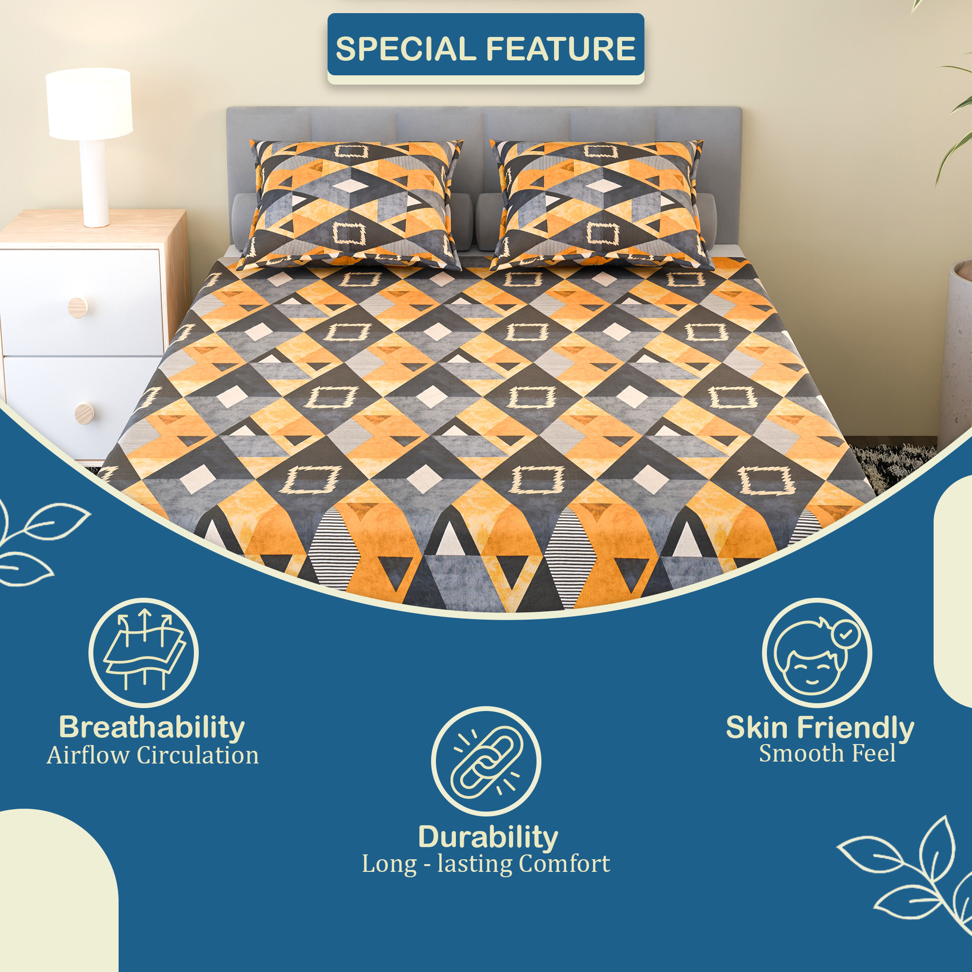 Kuber Industries Cotton 144 TC Double Bedsheet With 2 Pillow Covers  Machine Washable Soft Bedsheet For Living Room Home  Hotels  Zig Zag Print - Brown  Blue
